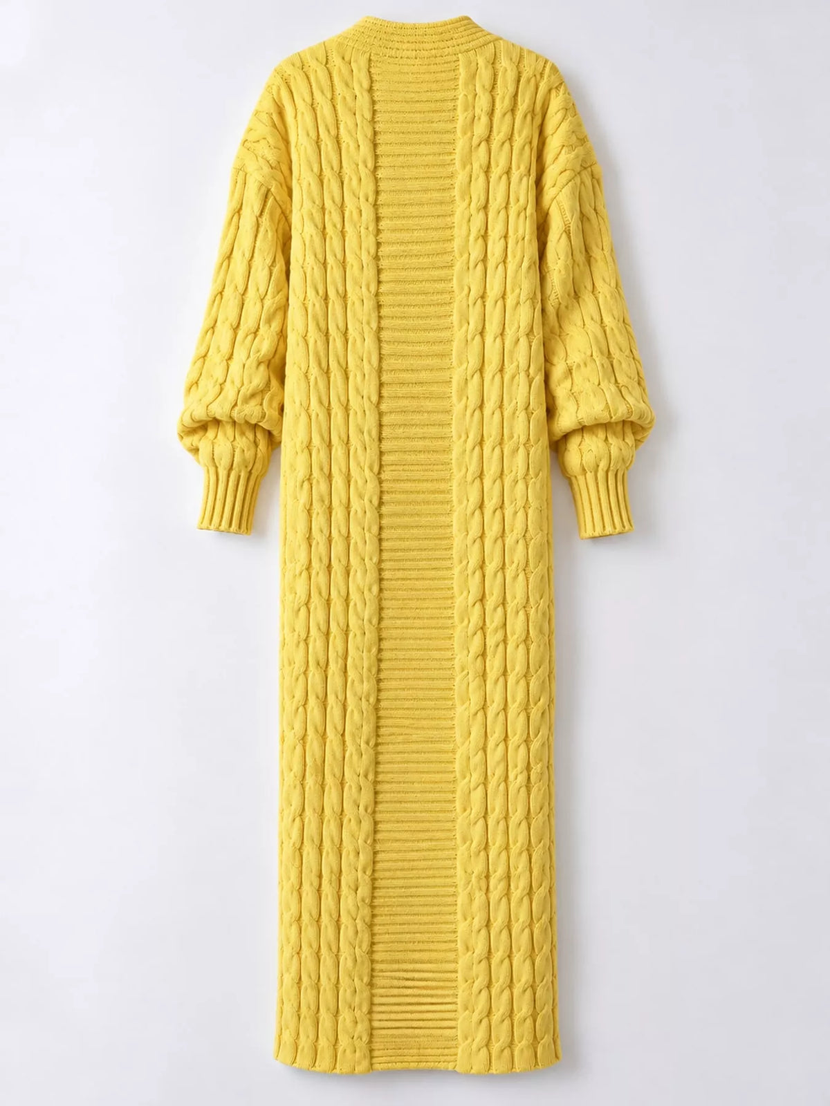 Yellow cable-knit longline open-front cardigan