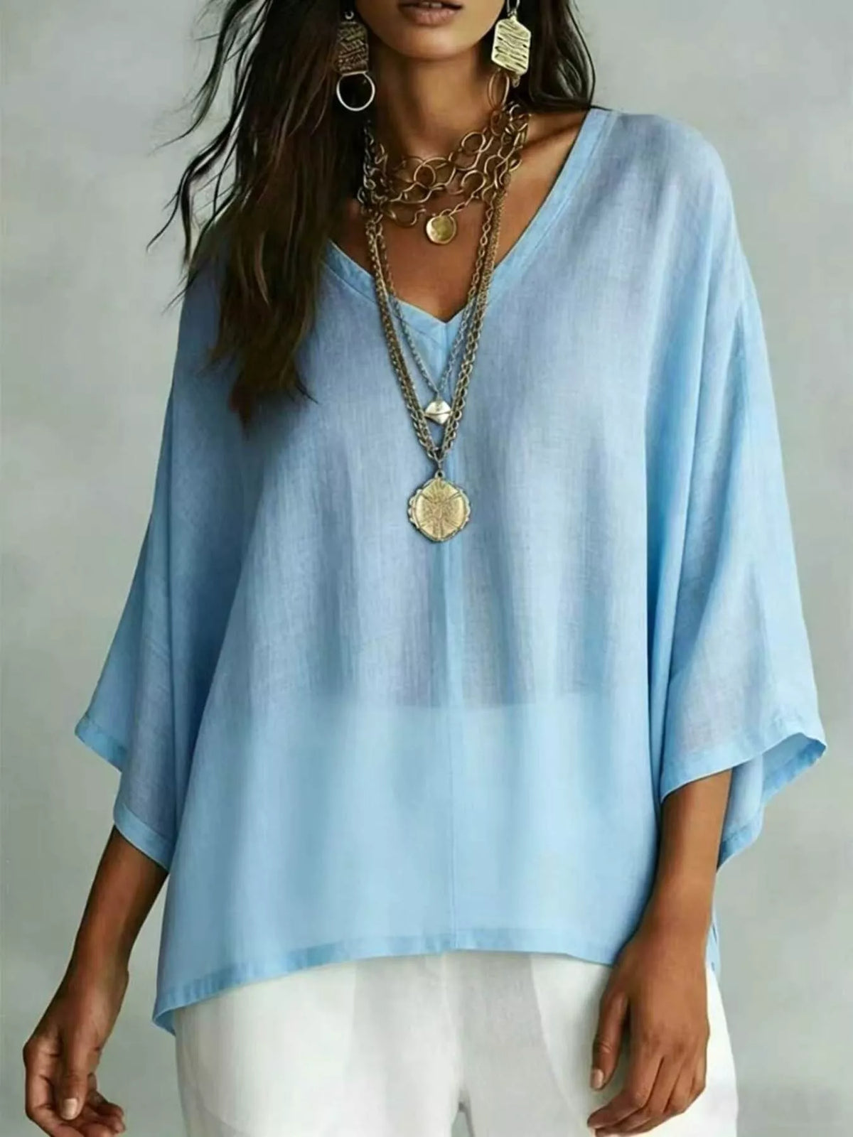 Light Blue V-Neck Loose Fit T-Shirt front view