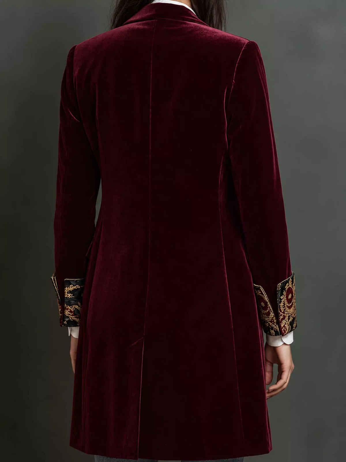 Burgundy (with Lining) floral lapels and cuffs velvet blazer, back view