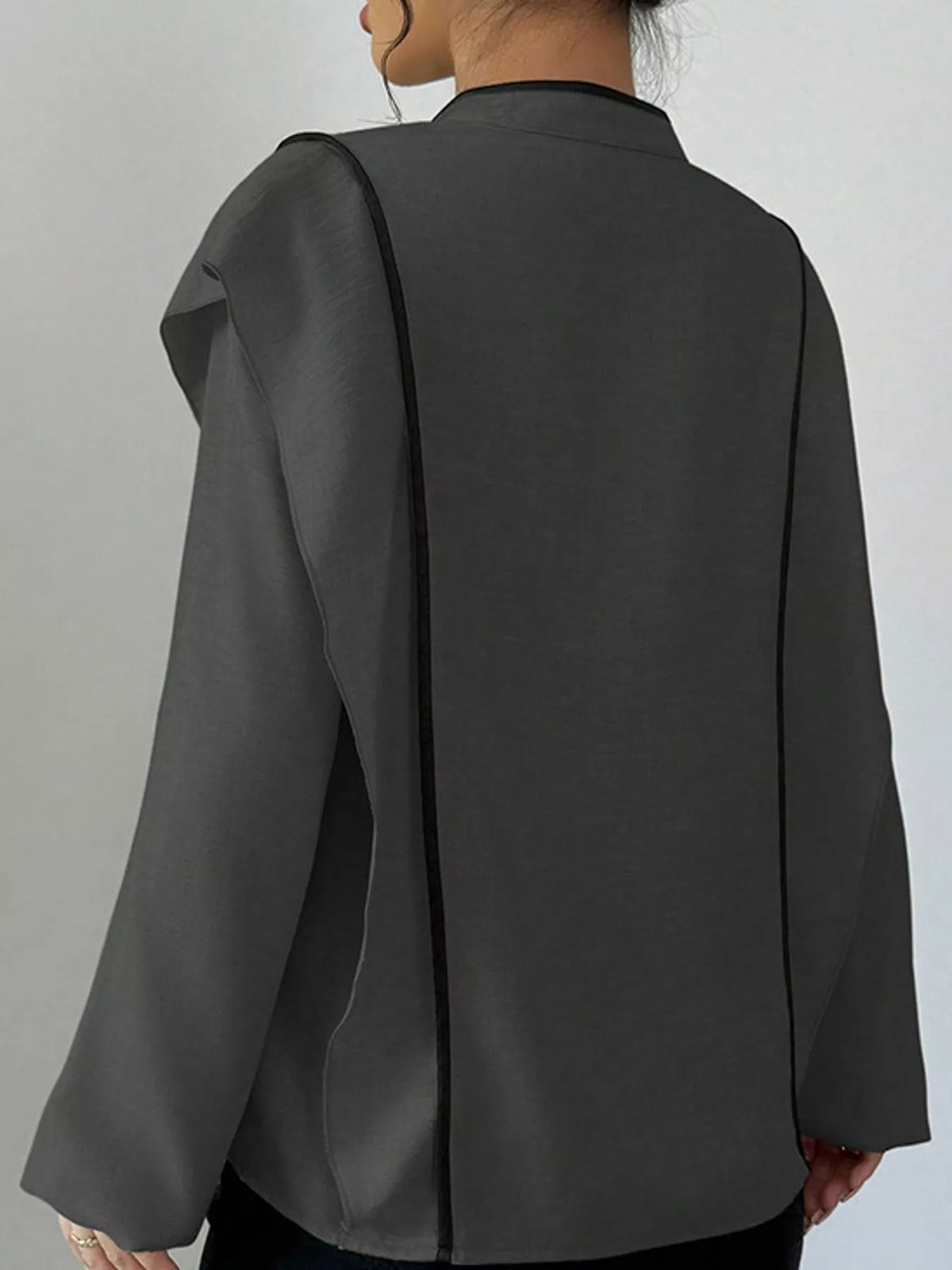 Gray chinese-style mandarin collar blouse, back view