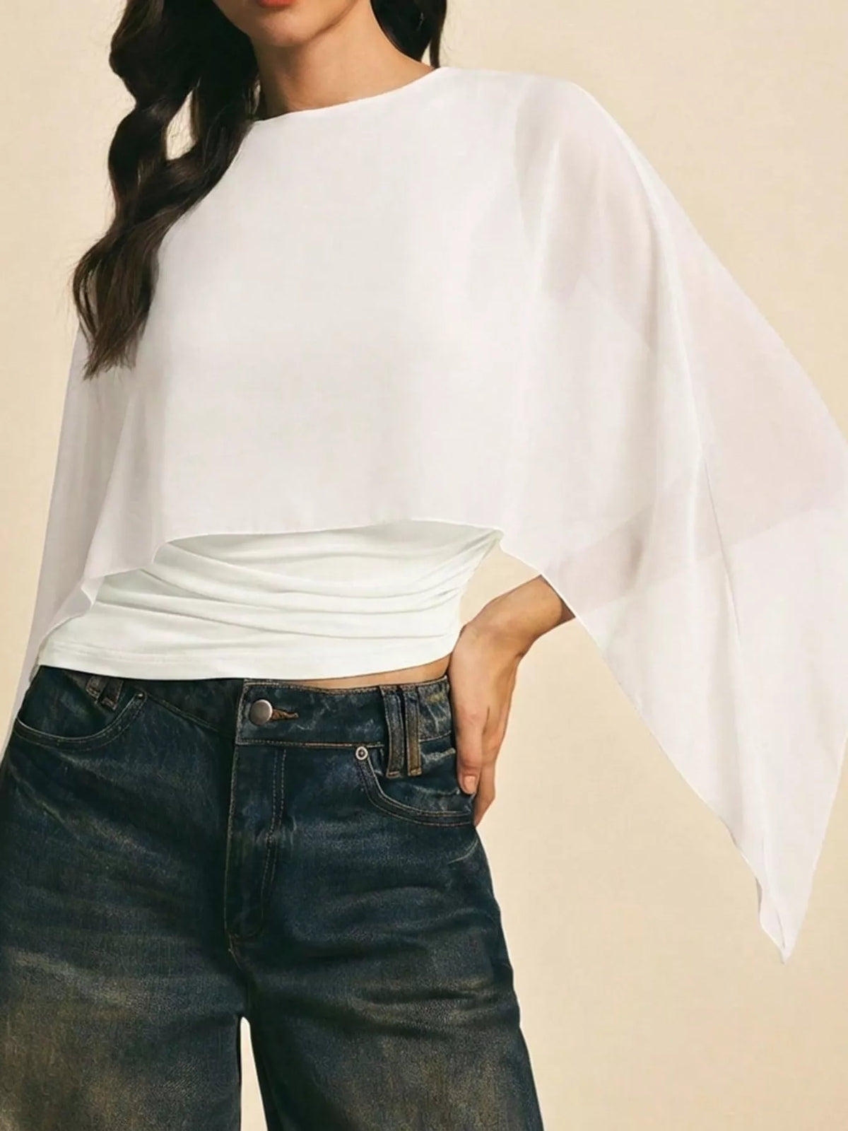 White cape sleeve round neck blouse