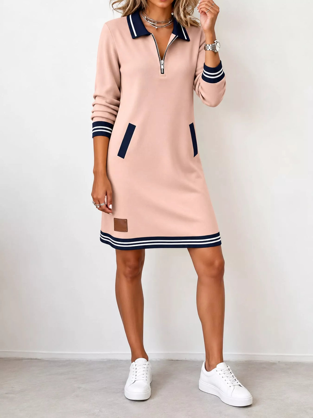 Dusty Pink zip-up polo collar knit dress