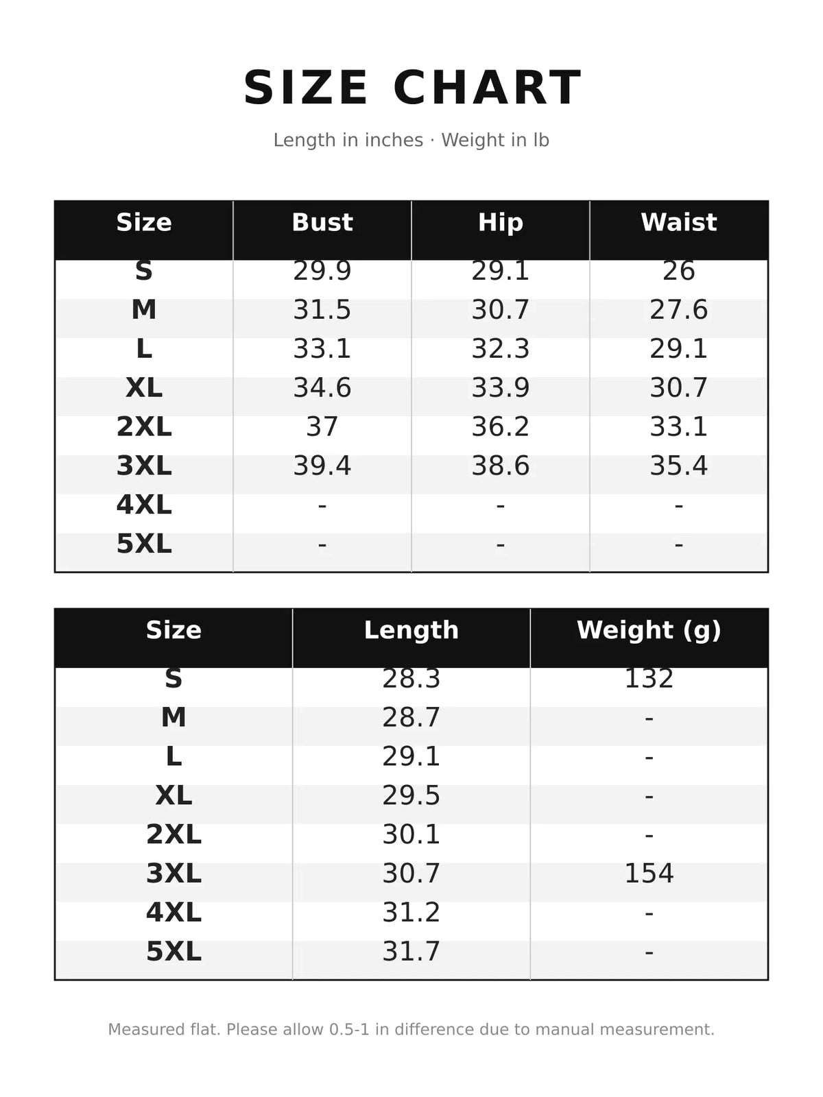Ribbed bodysuit, size chart