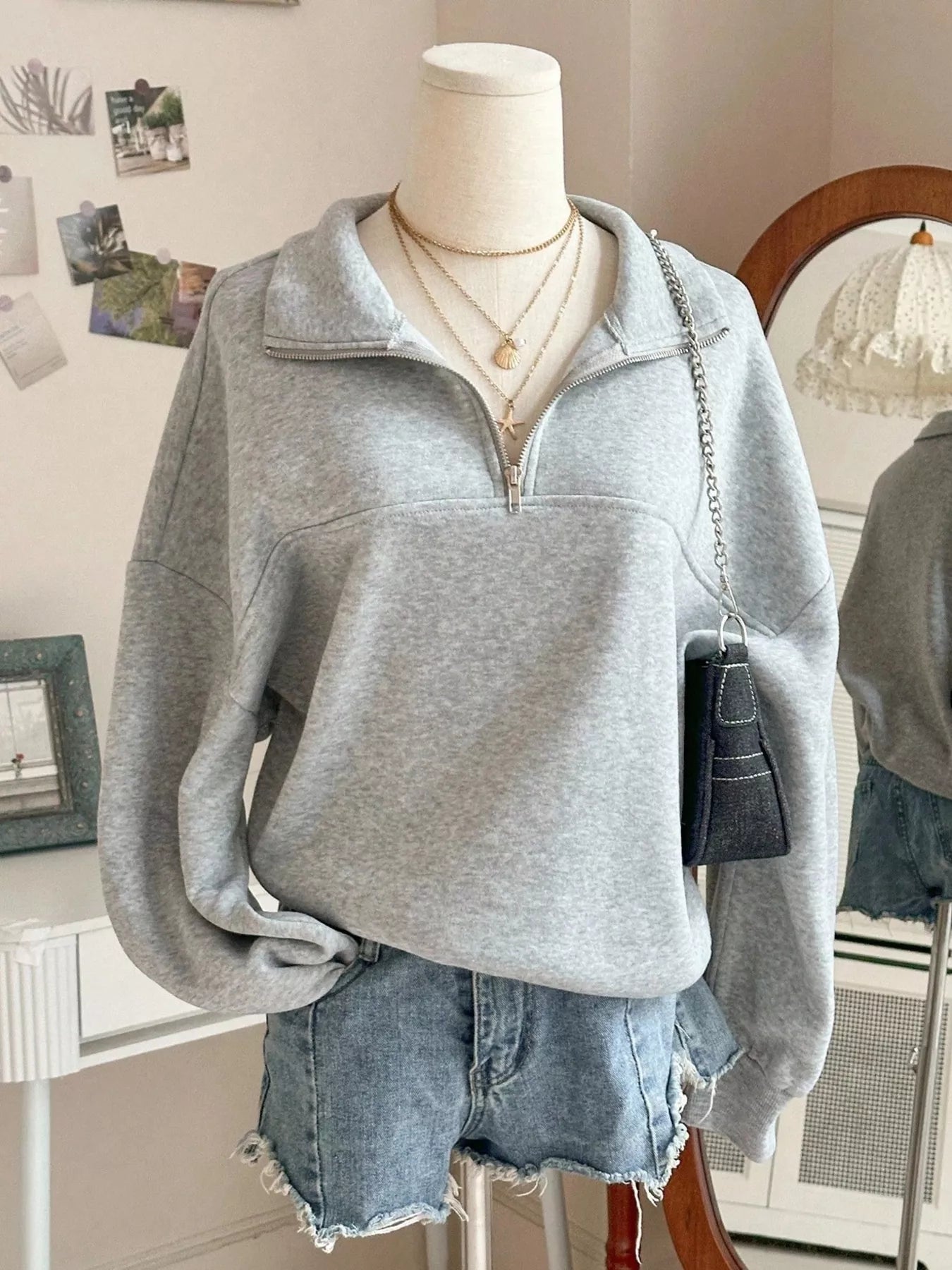Trendsi Quarter-Zip Dropped Shoulder Sweatshirt -