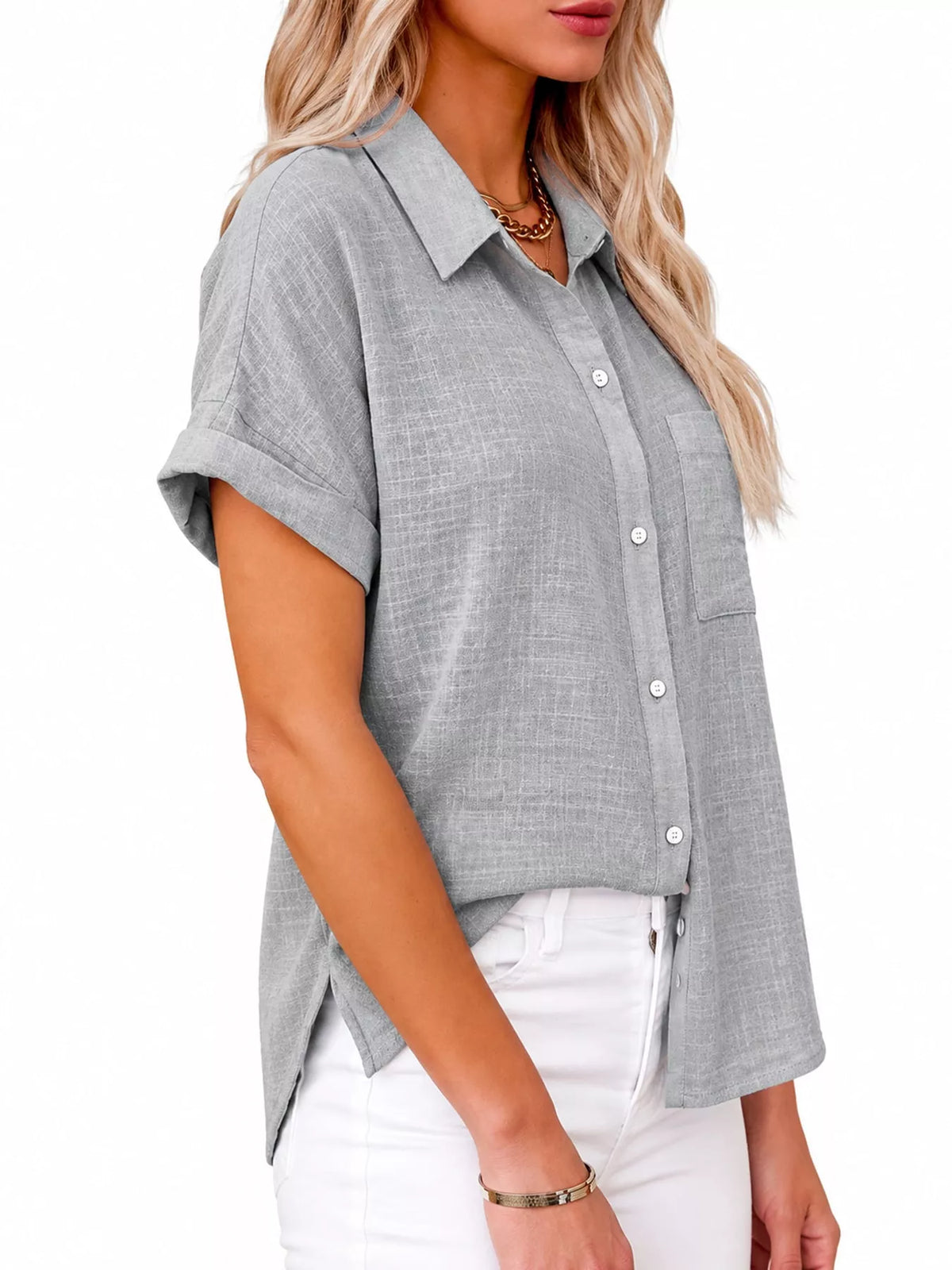 Women's Button Up Short Sleeve Shirt in gray — side view
