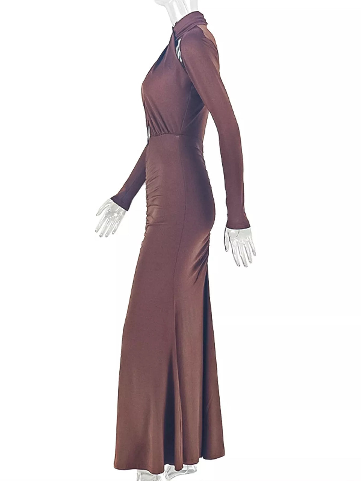 Brown long sleeve cutout ruched maxi dress, side view