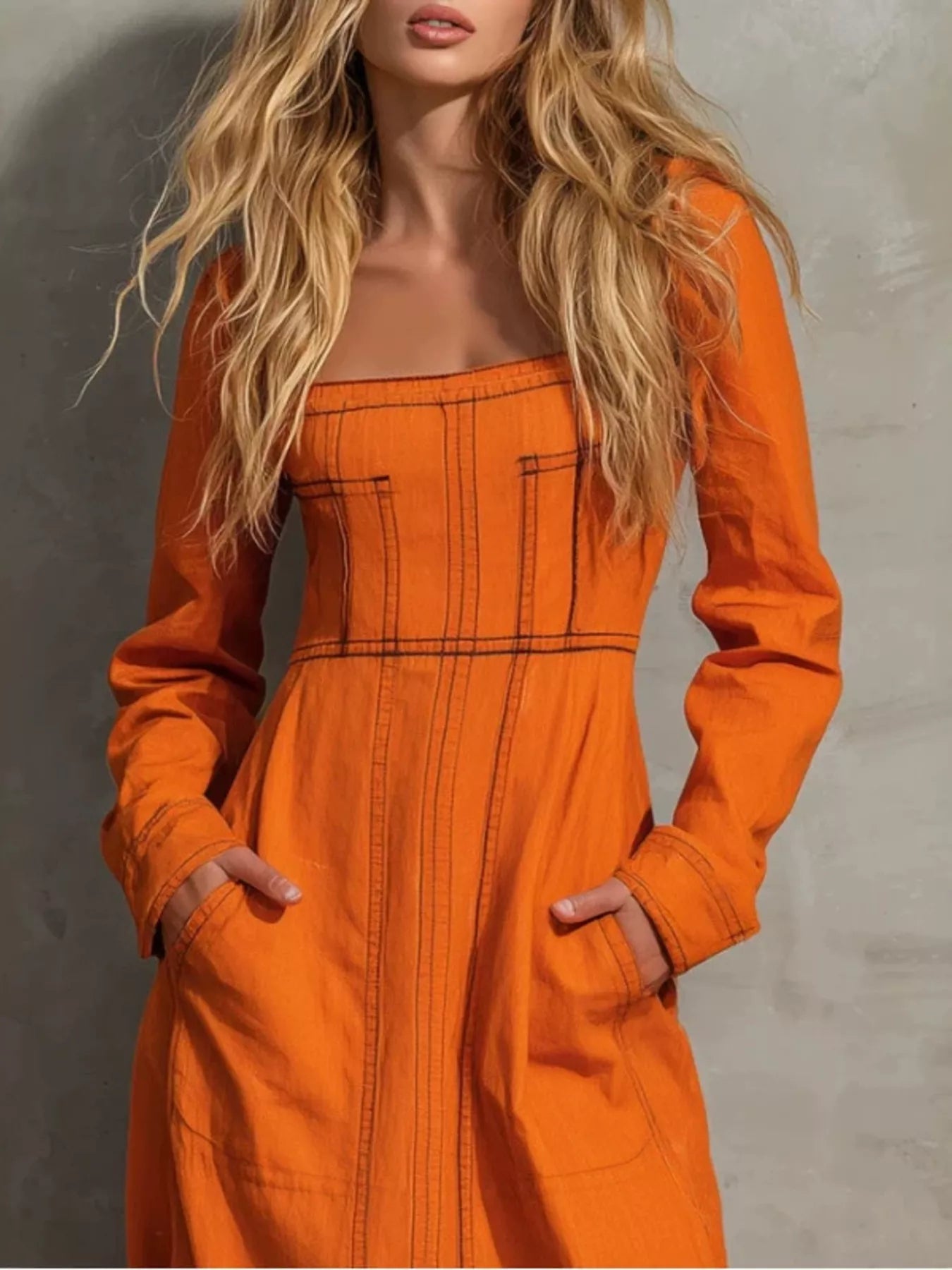 Trendsi Slit Square Neck Long-Sleeve Maxi Dress -