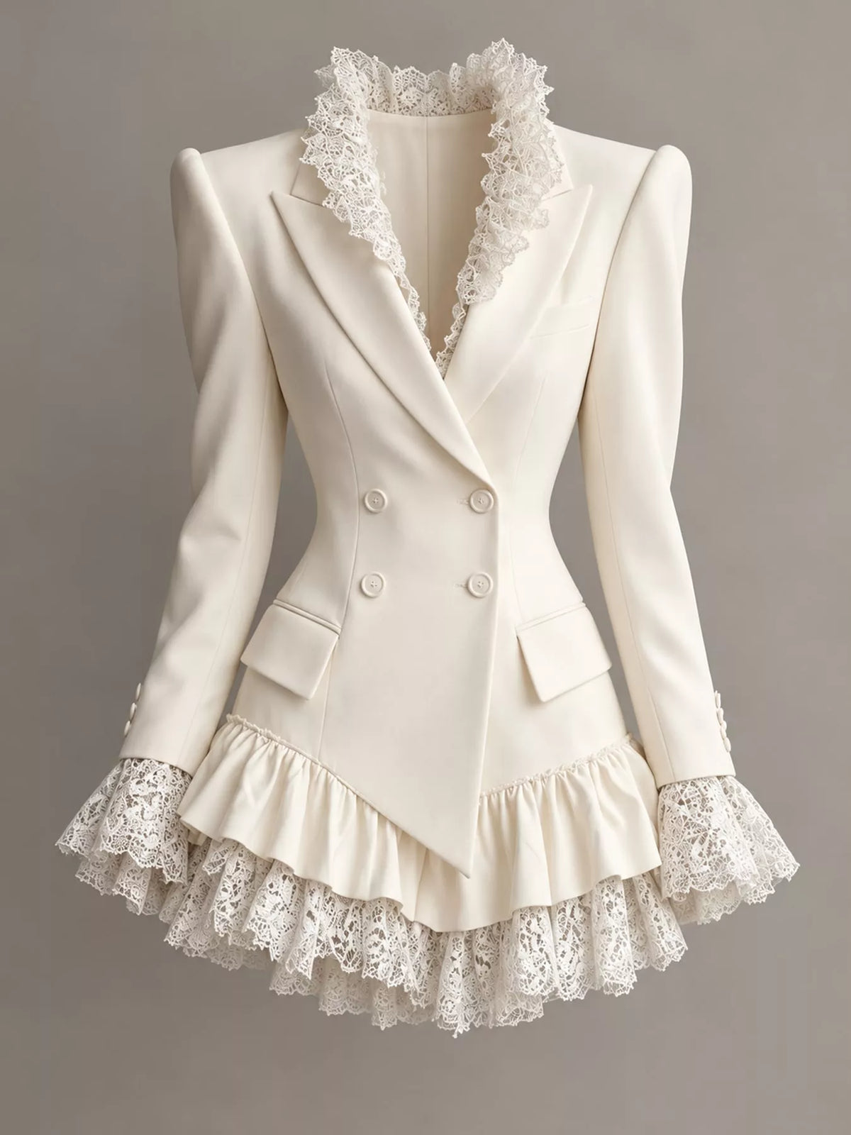 White lace trim blazer dress, front view
