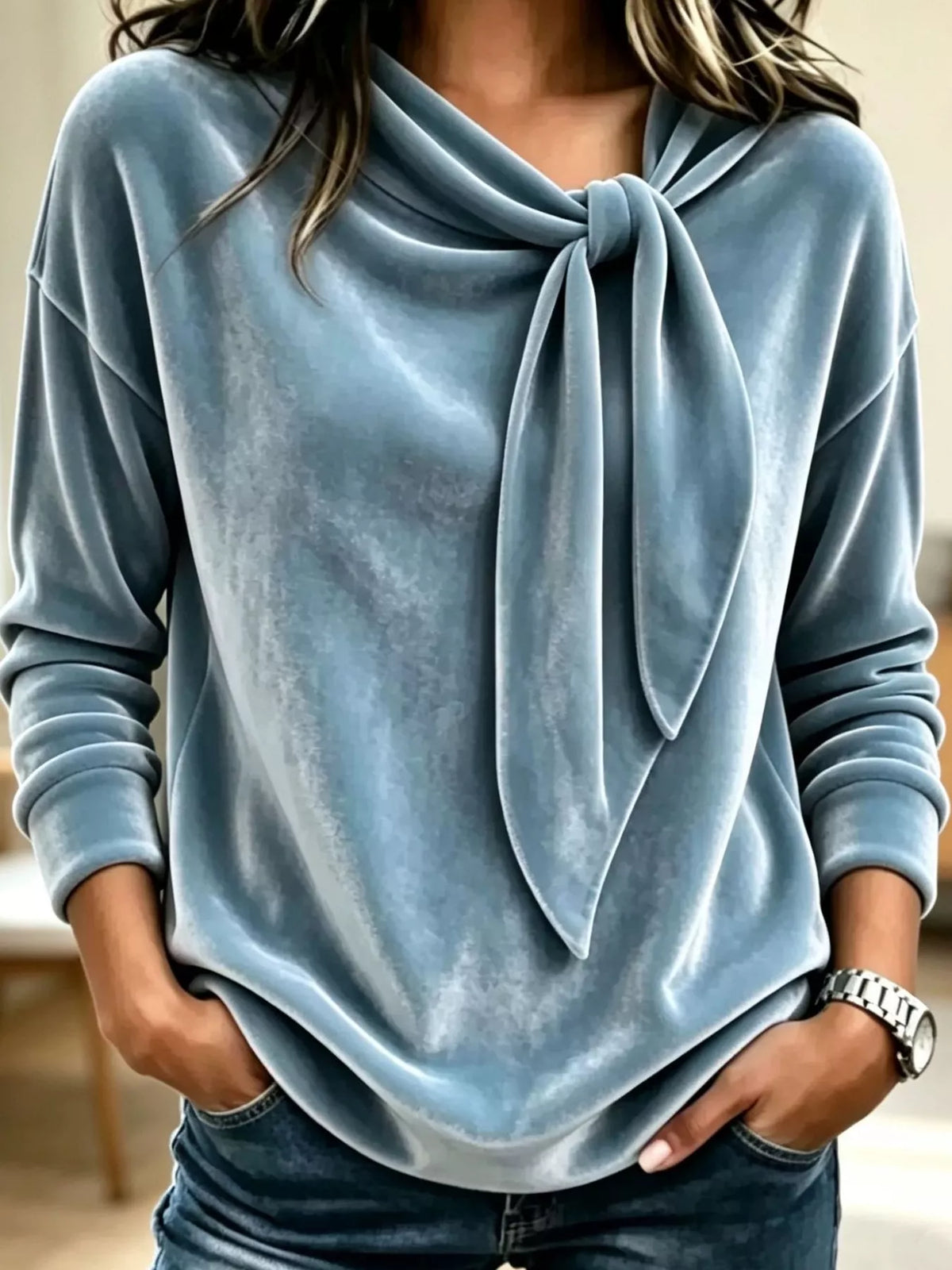 Trendsi Velvet Tie Front Long Sleeve Sweatshirt -
