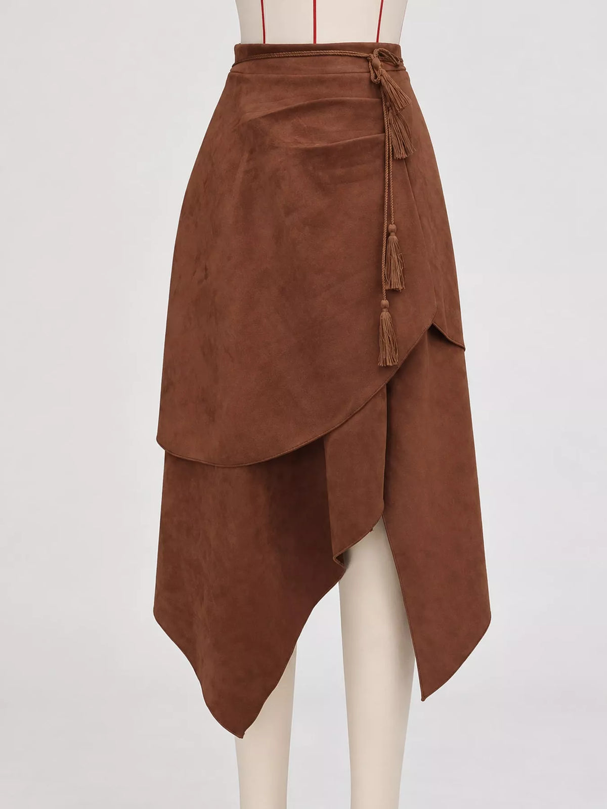 Faux Suede Wrap Skirt with Tassels, front view