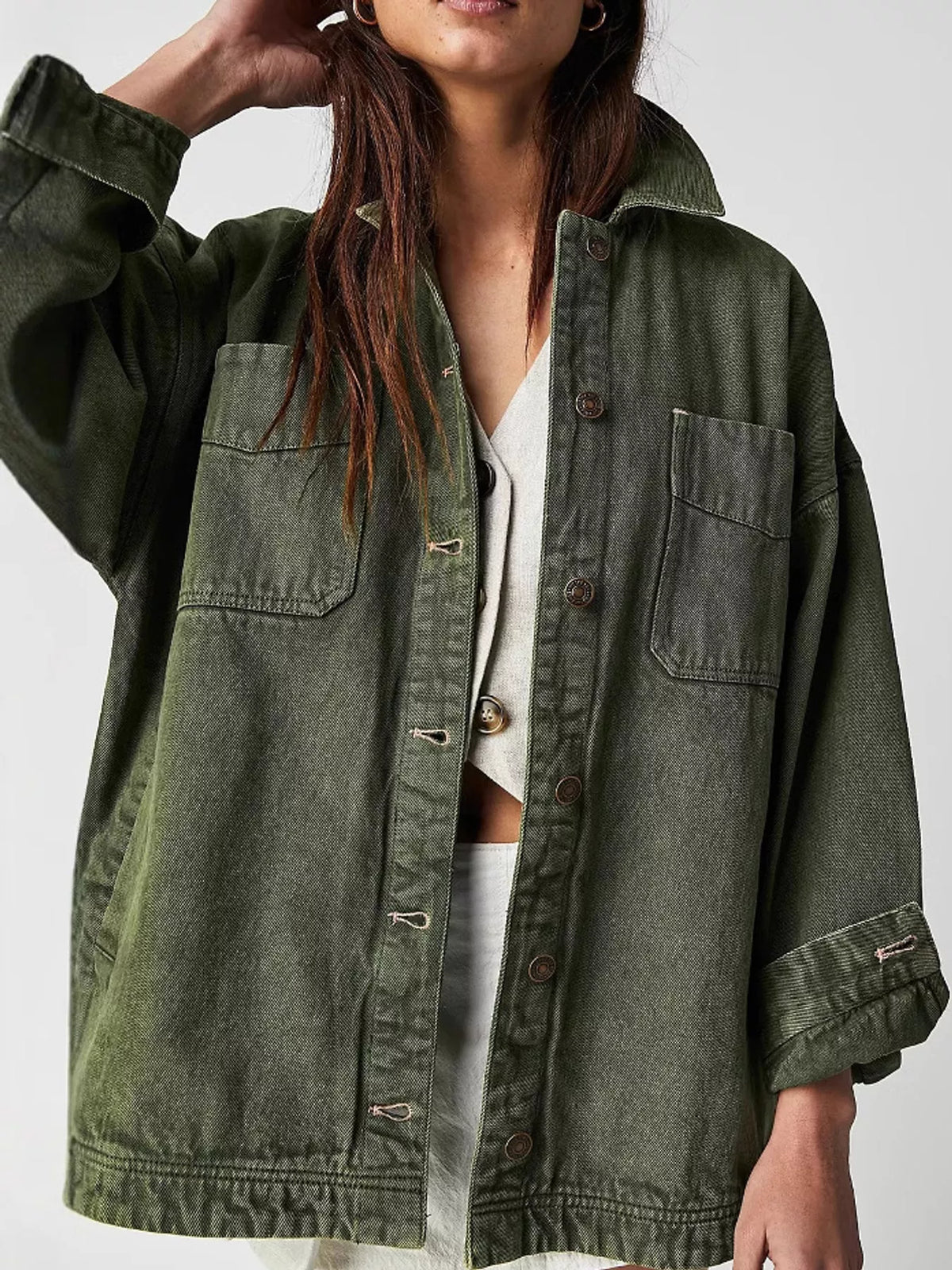 Army Green button up long sleeve denim jacket
