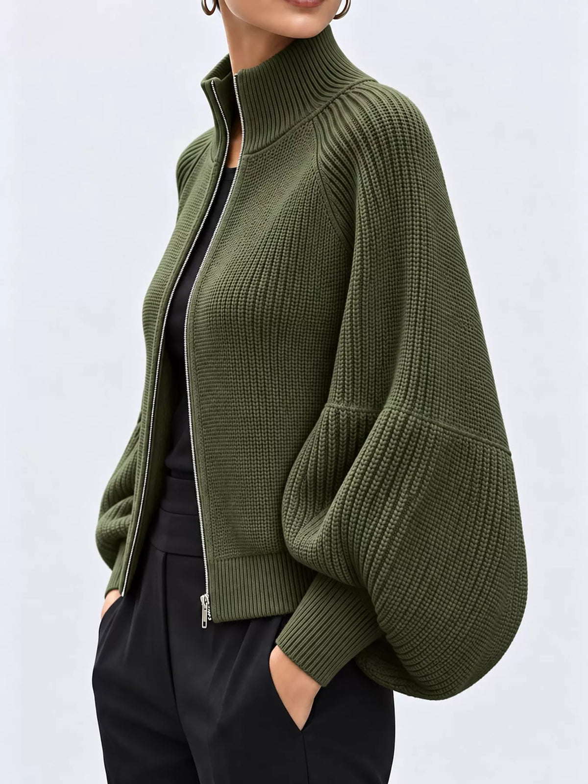 Army Green ribbed knit zip-up lantern sleeve cardigan