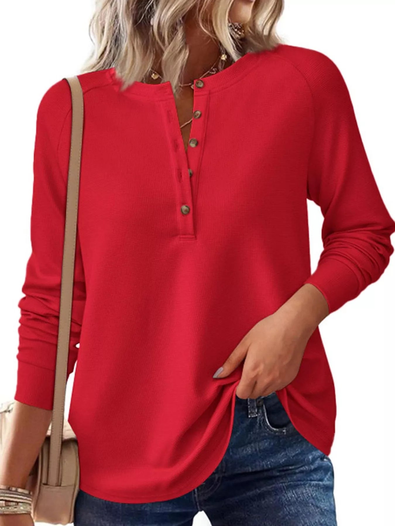 Trendsi Waffle Knit Henley Long Sleeve T-Shirt -