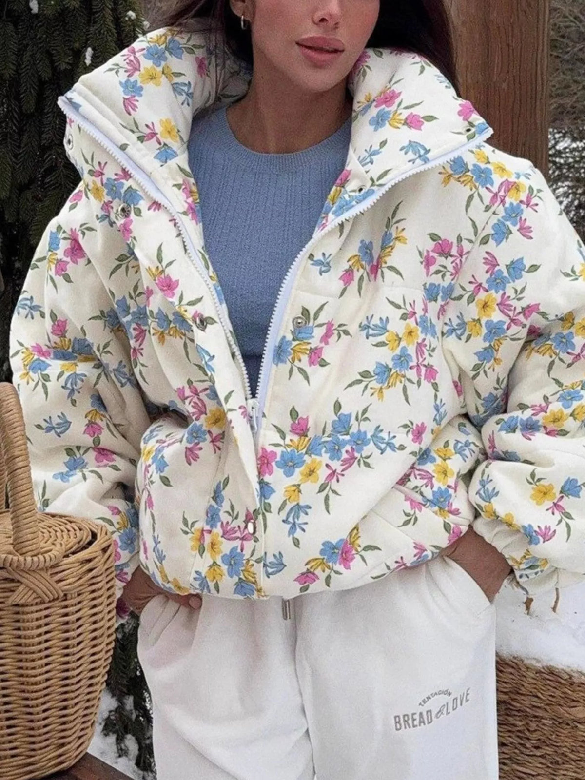 Floral Print Stand Collar Puffer Jacket, front view