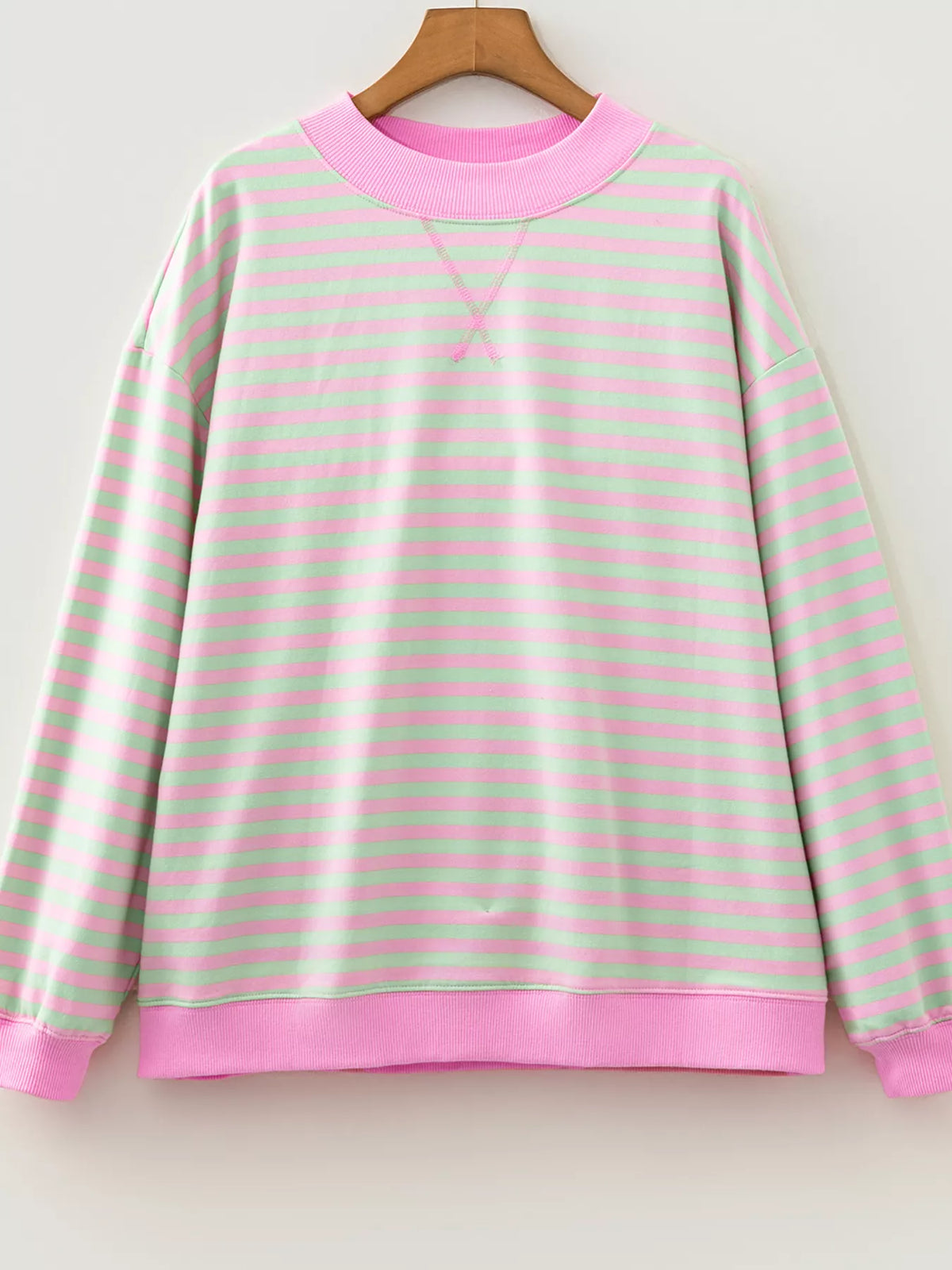 Striped Round Neck Long Sleeve Sweatshirt in pink and green, hanger front view