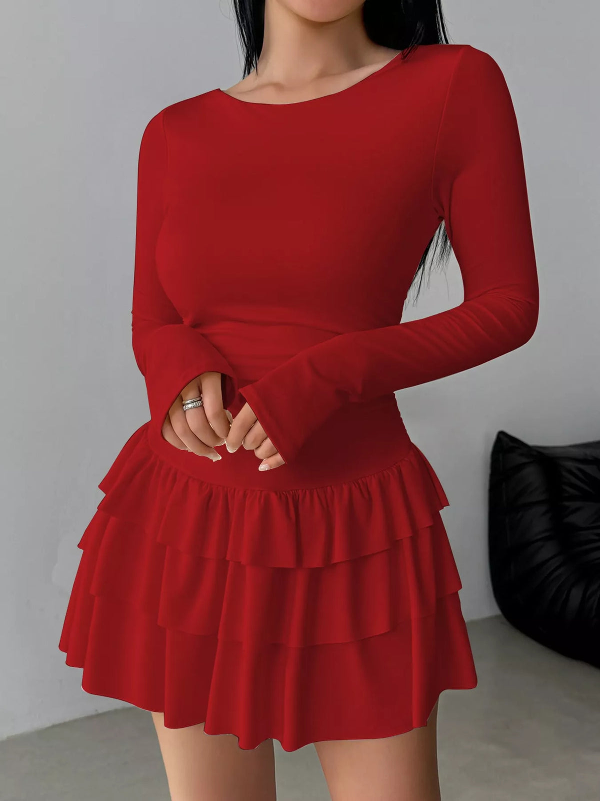 Red layered ruffle mini dress