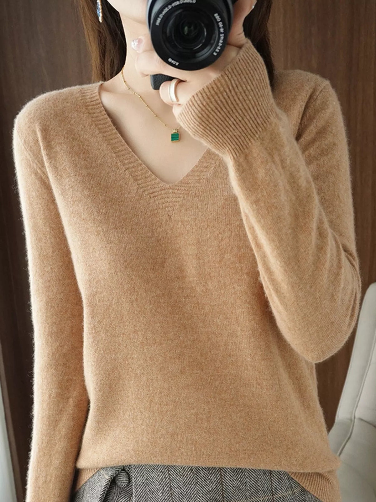 V-Neck Knit Sweater in golden camel