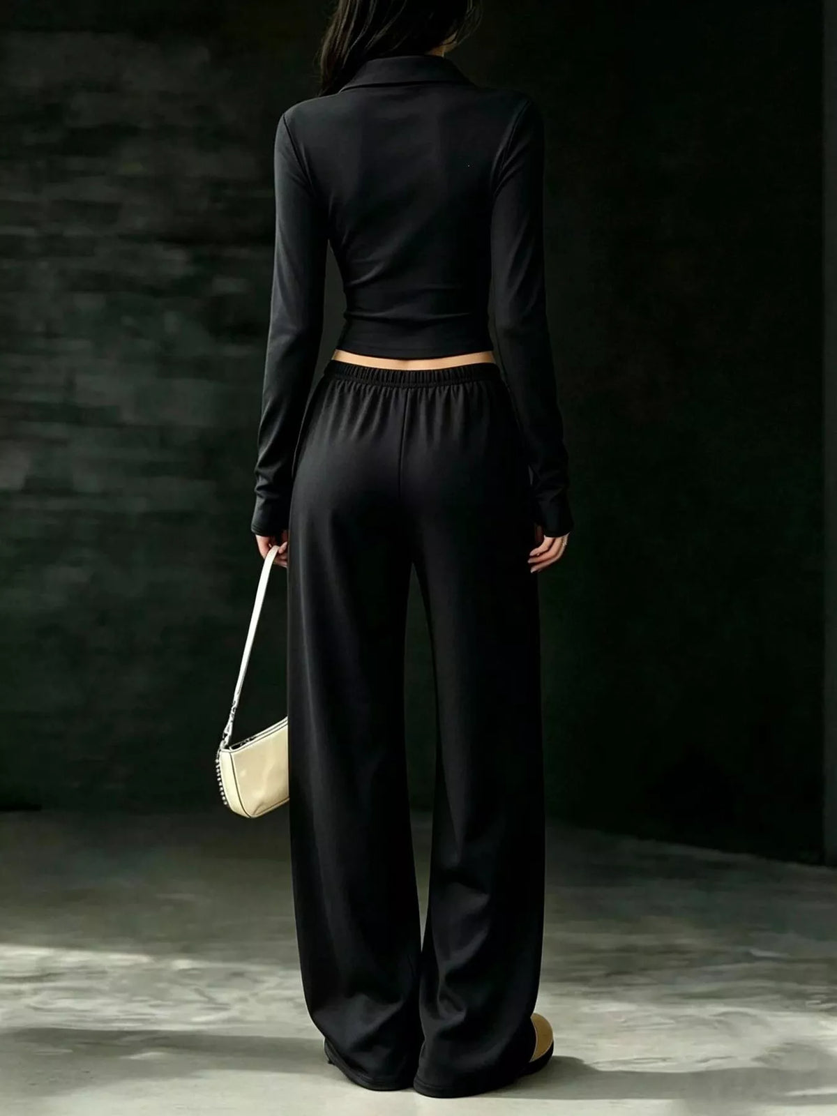 Black collared crop top and wide-leg pants set, back view