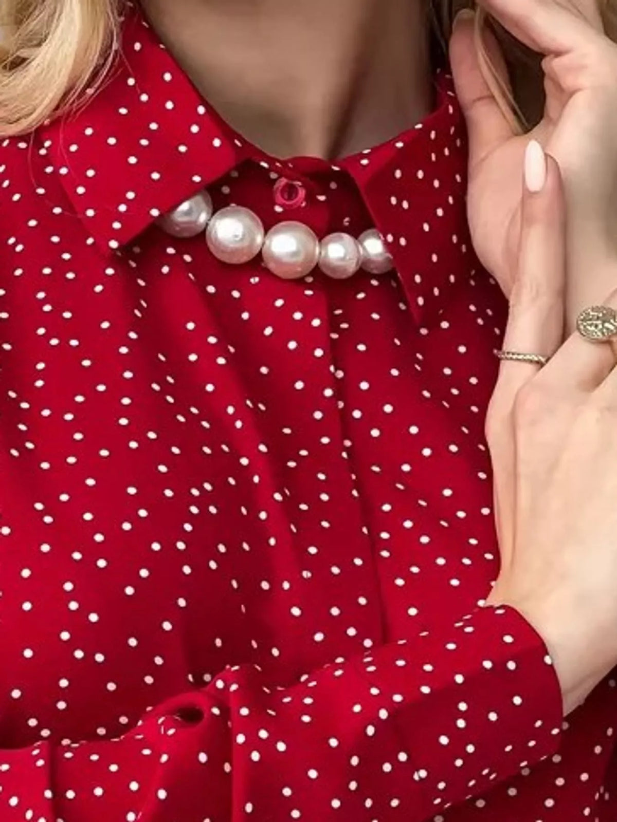 Button-up shirt, red dotted collar detail