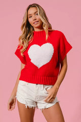 Trendsi BiBi Rib Banded Heart Pattern Valentines Sweater -