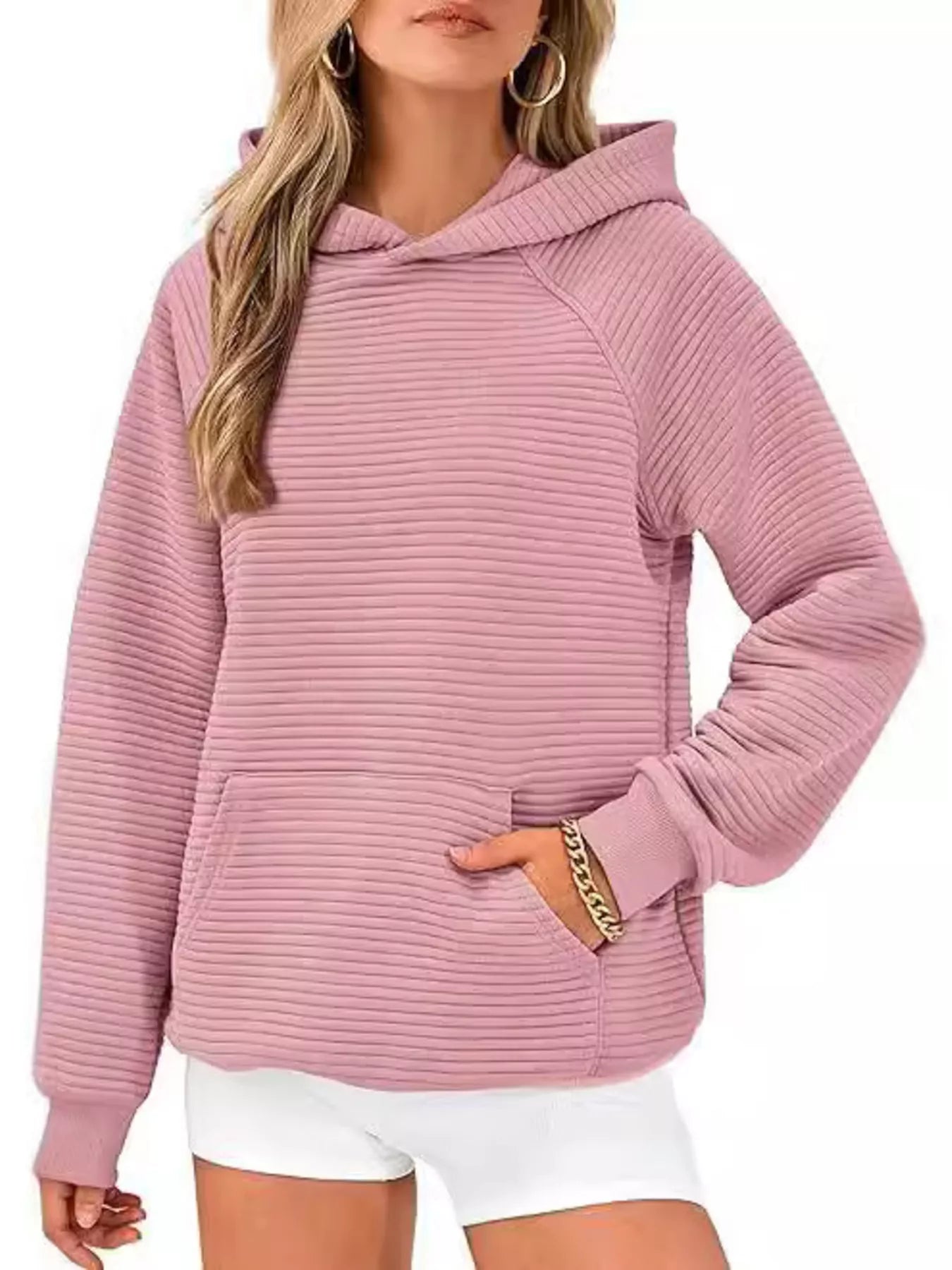 Trendsi Texture Kangaroo Pocket Raglan Sleeve Hoodie -
