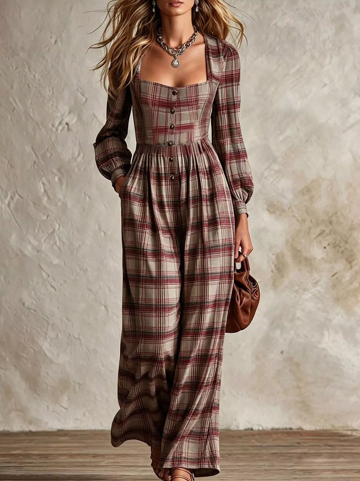 Plaid jumpsuit, burgundy plaid front