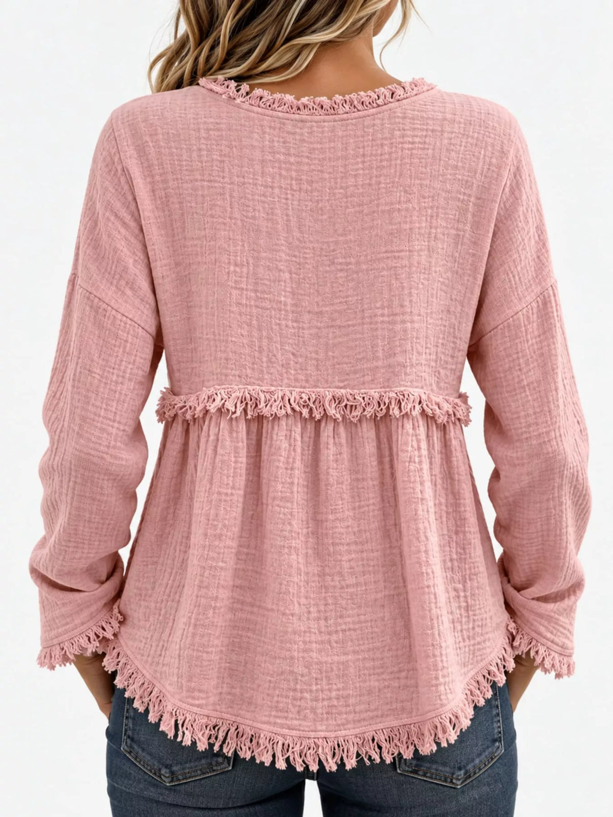 Pink frayed hem textured blouse, back view
