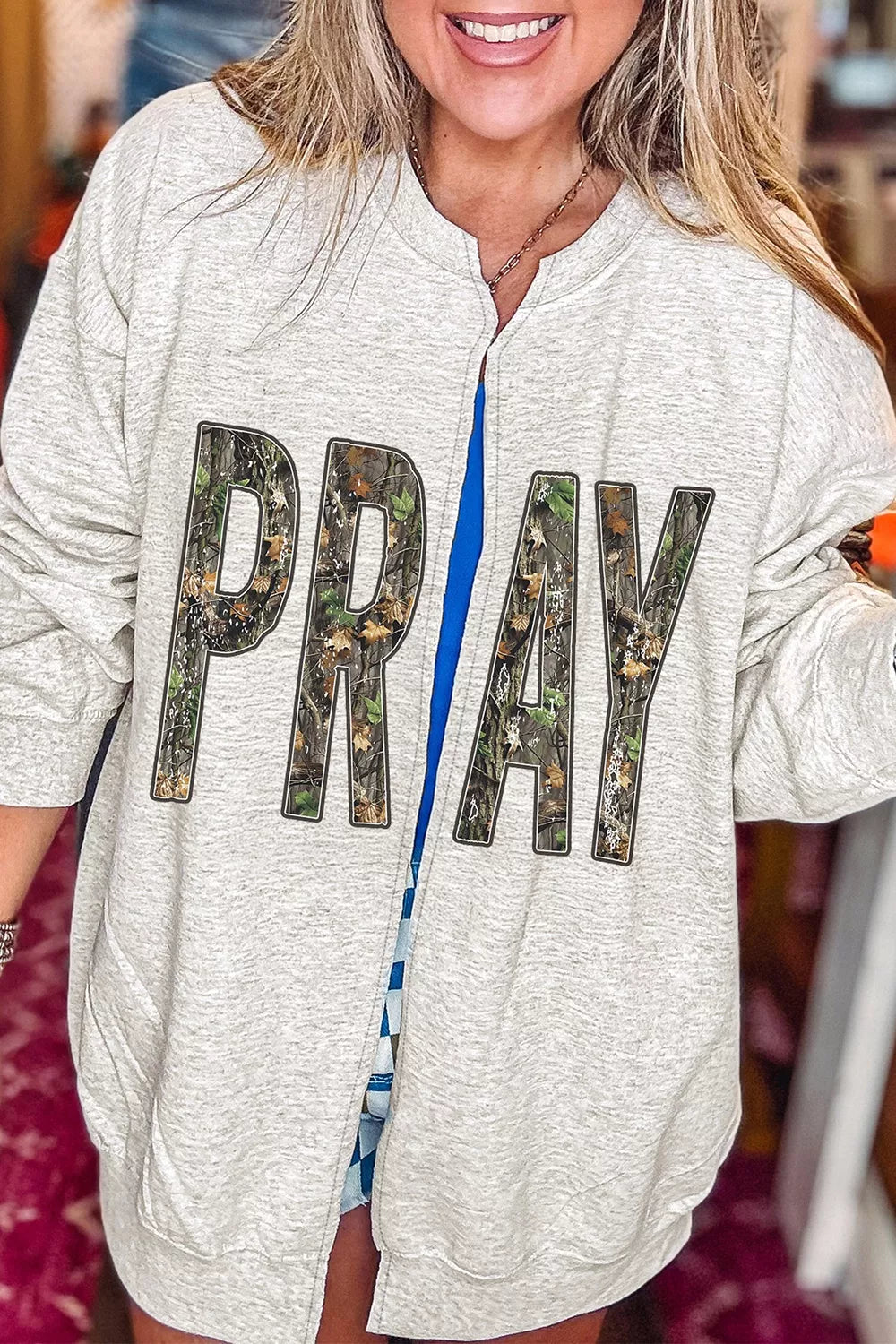 Women's Camo Print PRAY Letter Open Front Tunic Sweatshirt in Light Gray, alternate view