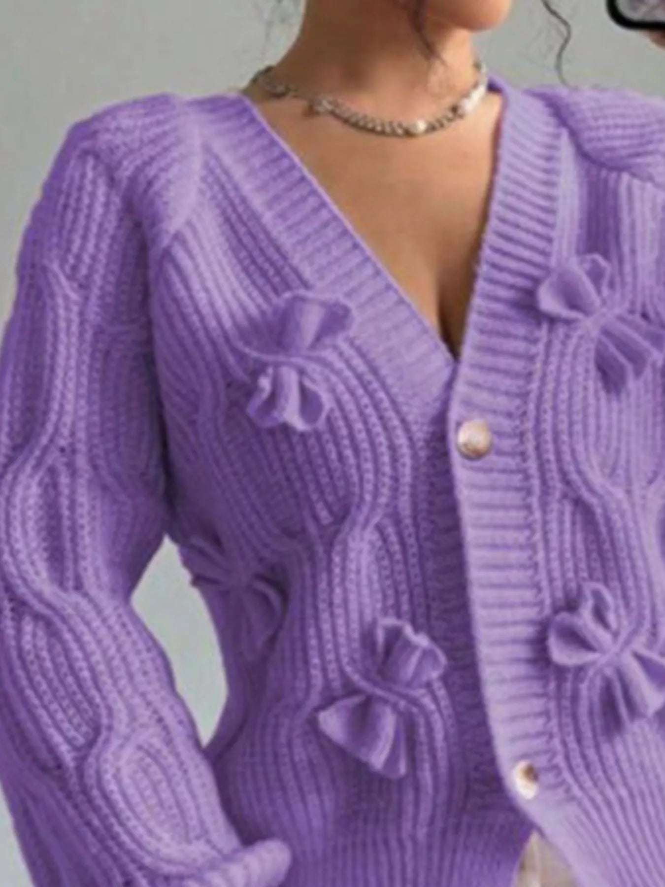 Trendsi Bow Cable Knit V-Neck Cardigan -