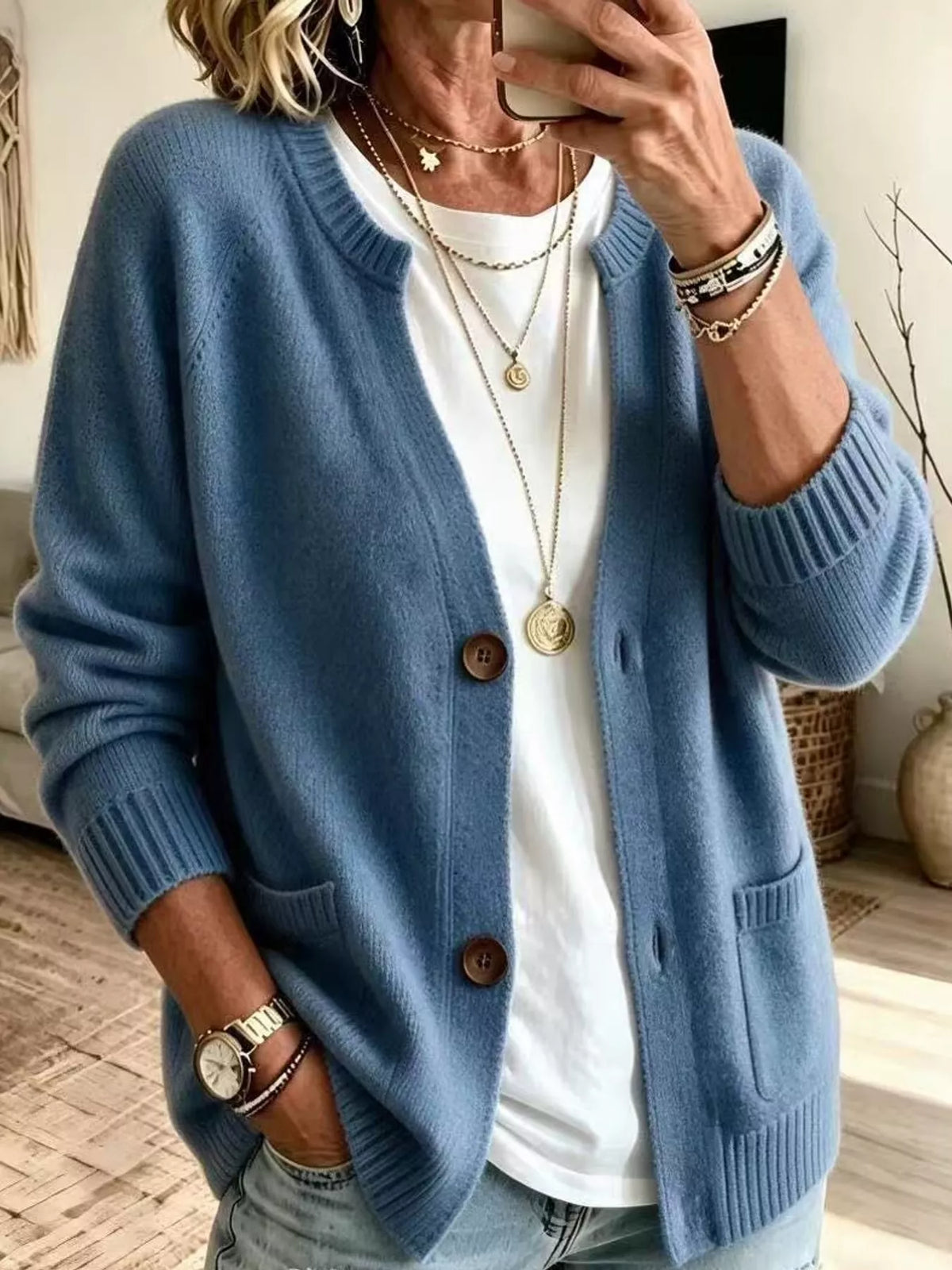 Women's Button-Down Knit Cardigan in blue — front view