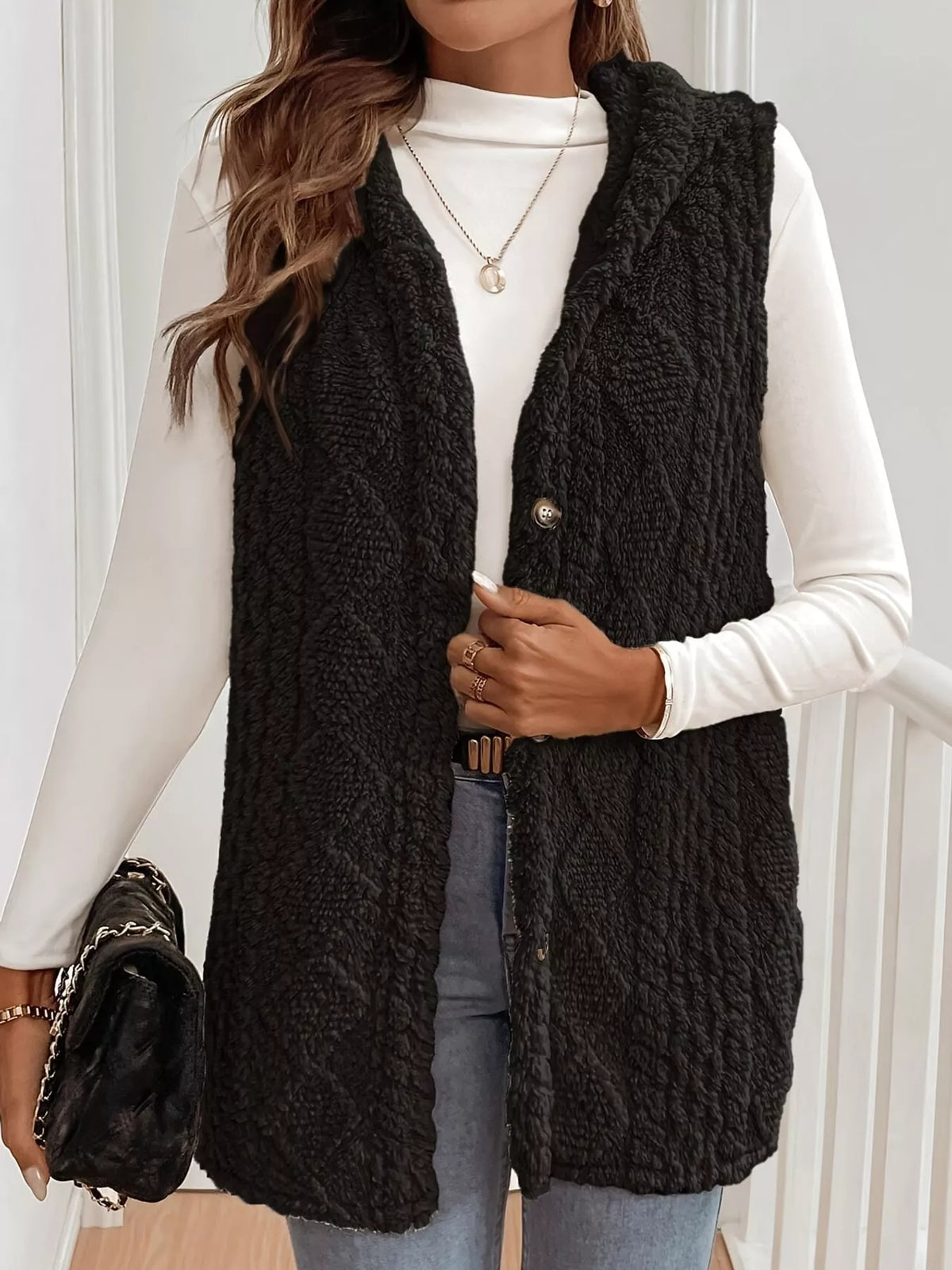 Hooded Sherpa Vest Coat in black
