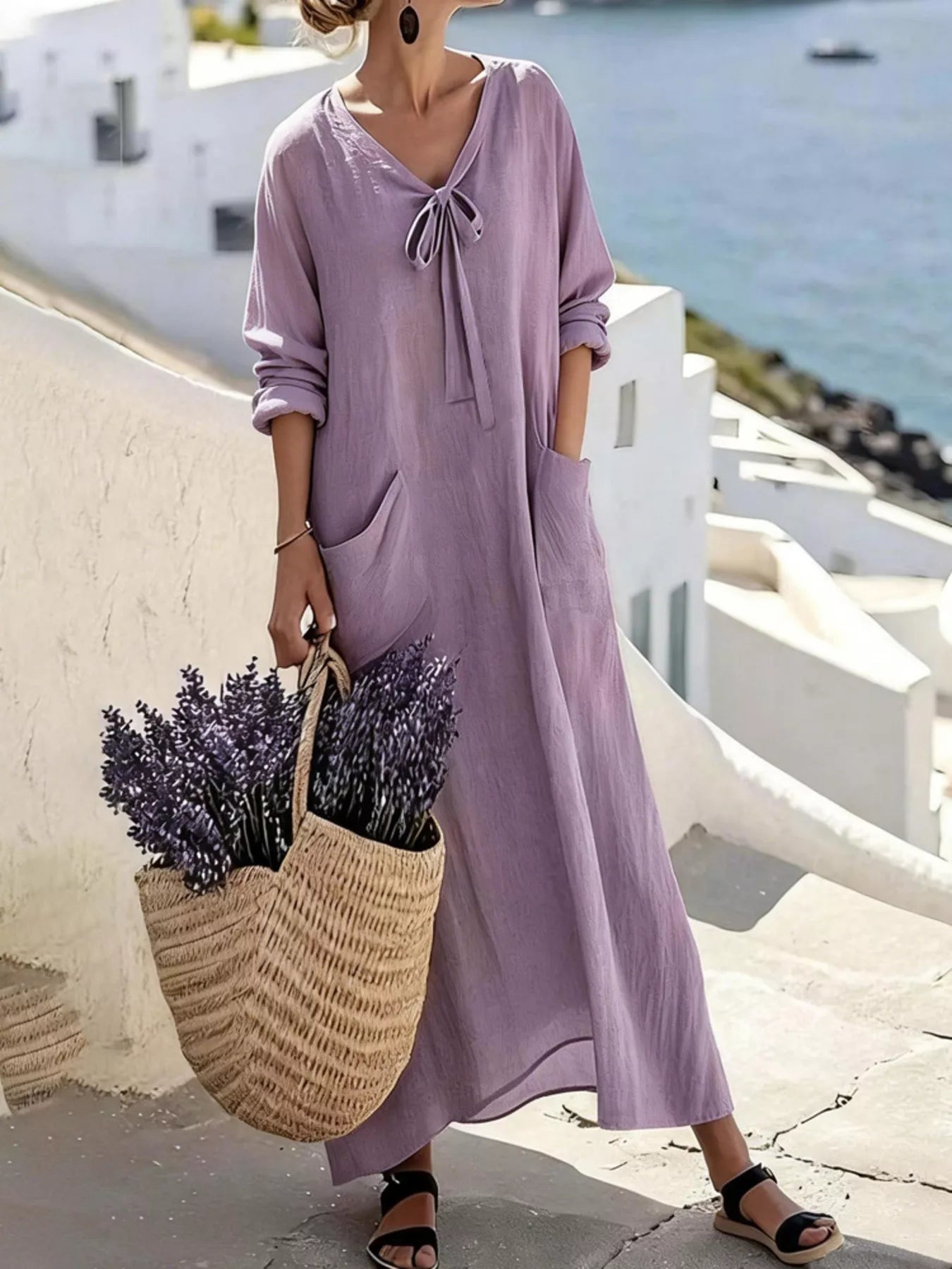 Trendsi Full Size Long Sleeve Loose Maxi Dress with Pockets Plus Size -