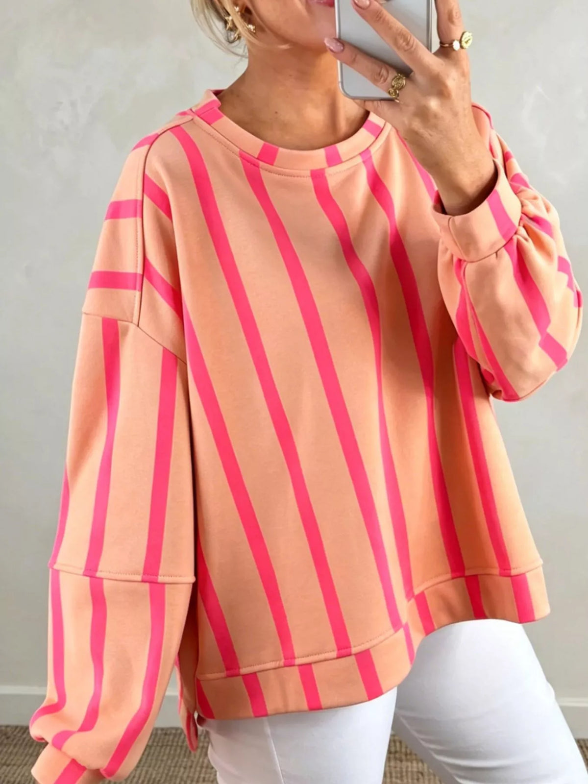 Watermelon pink stripe dropped shoulder round neck sweatshirt