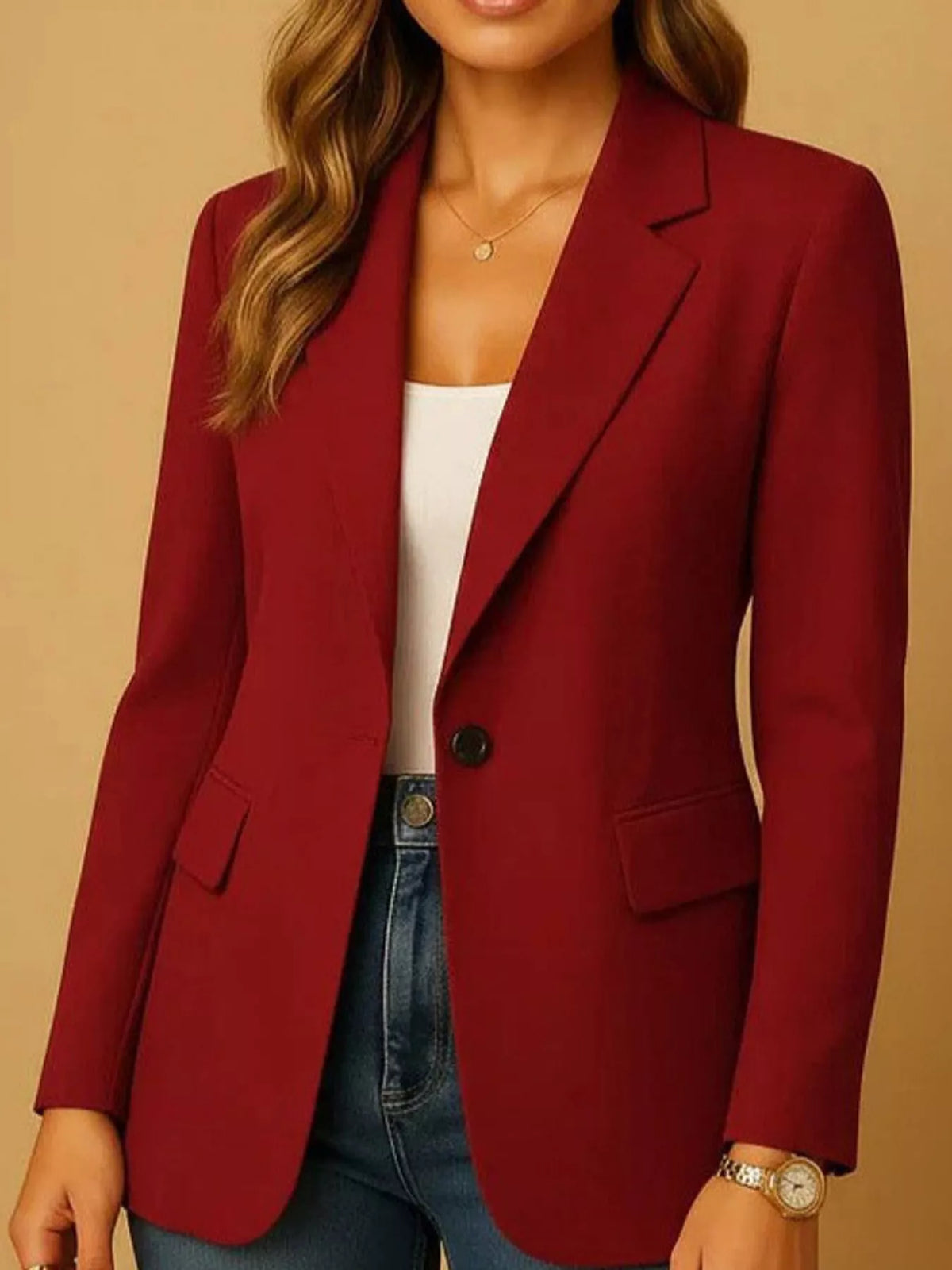 Collared long sleeve blazer, front view on model