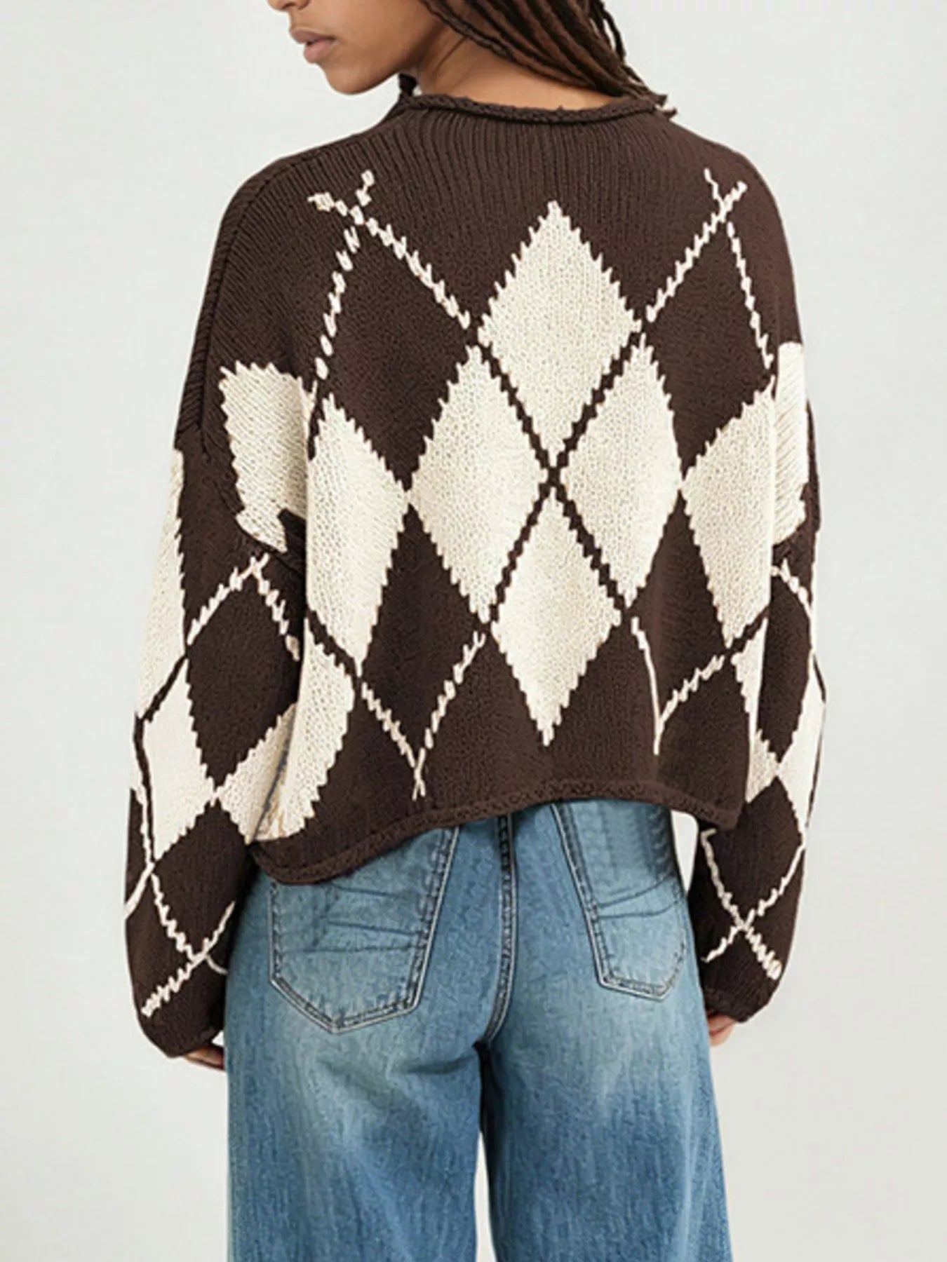 Trendsi Argyle Pattern Knit Dropped Shoulder Sweater -