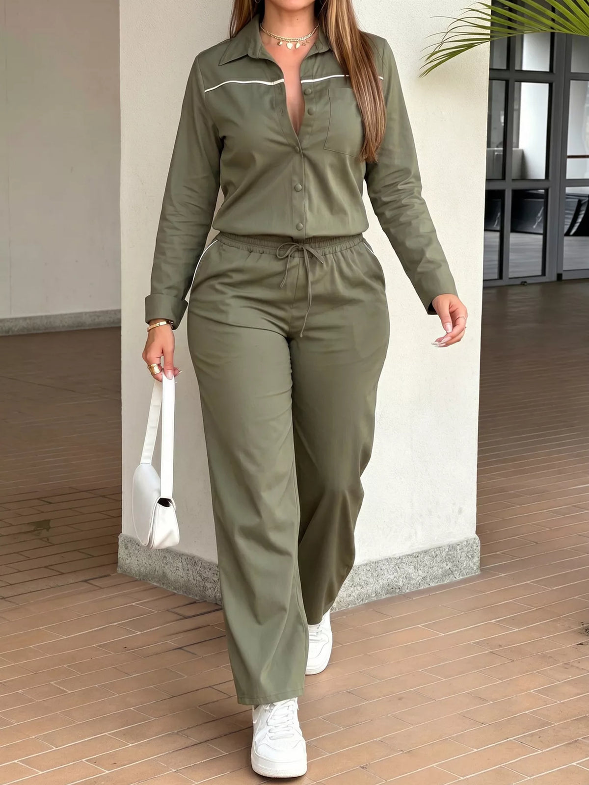 Button Front Jumpsuit with Drawstring Waist in green, front view