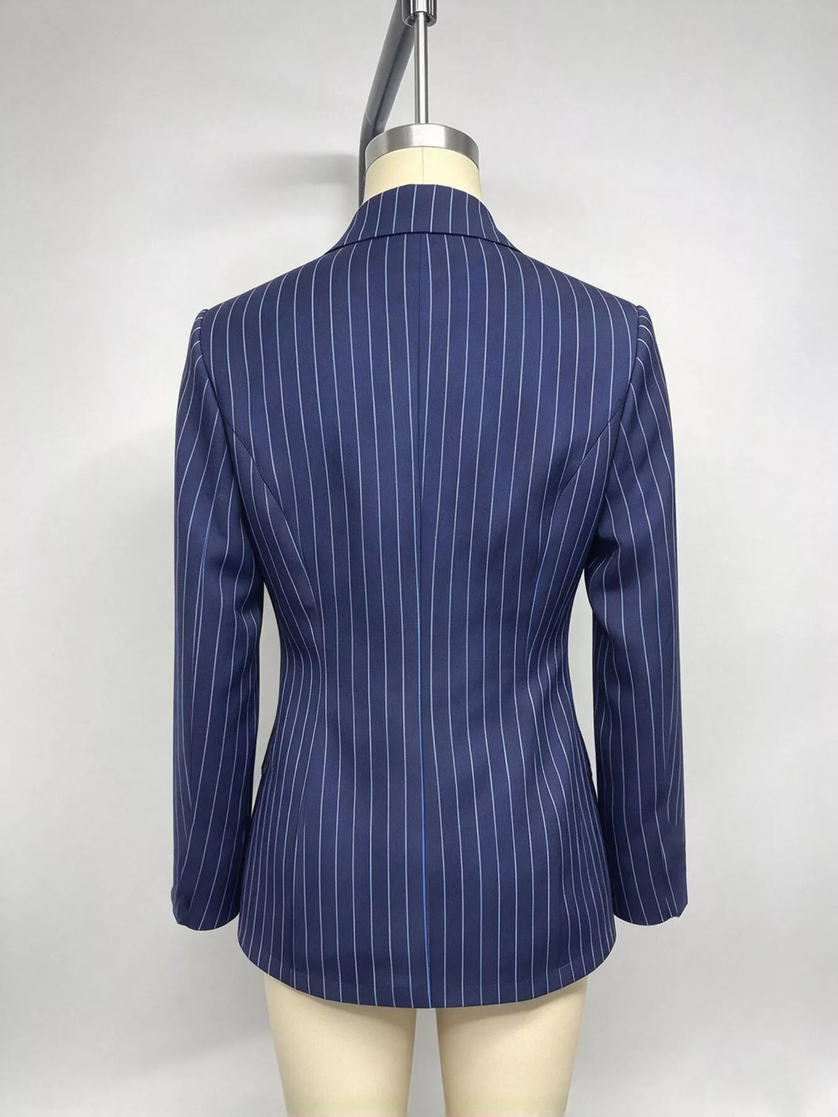 Navy lapel collar one button blazer, back view