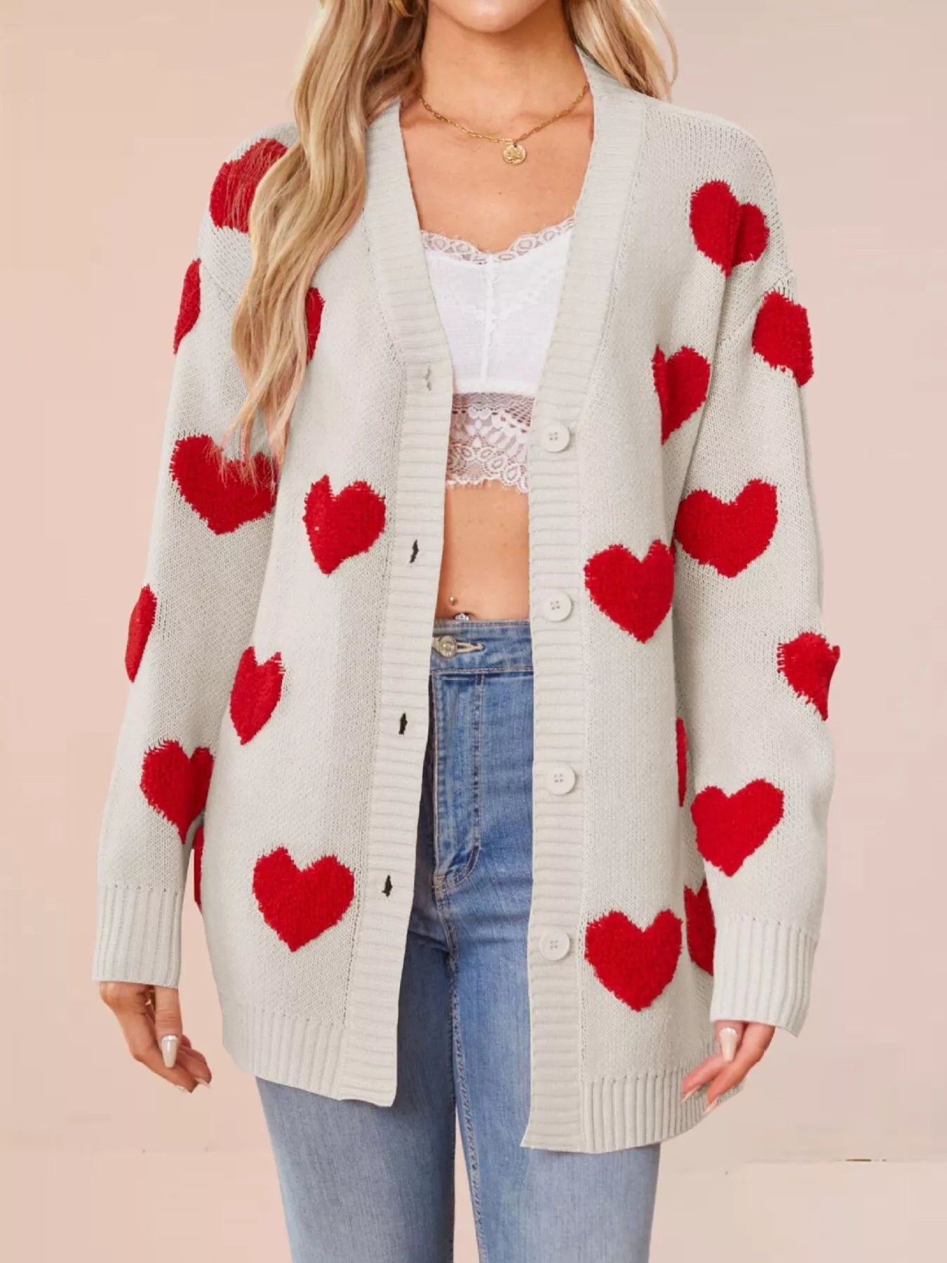 Trendsi Heart Pattern V-Neck Button-Down Knit Cardigan -