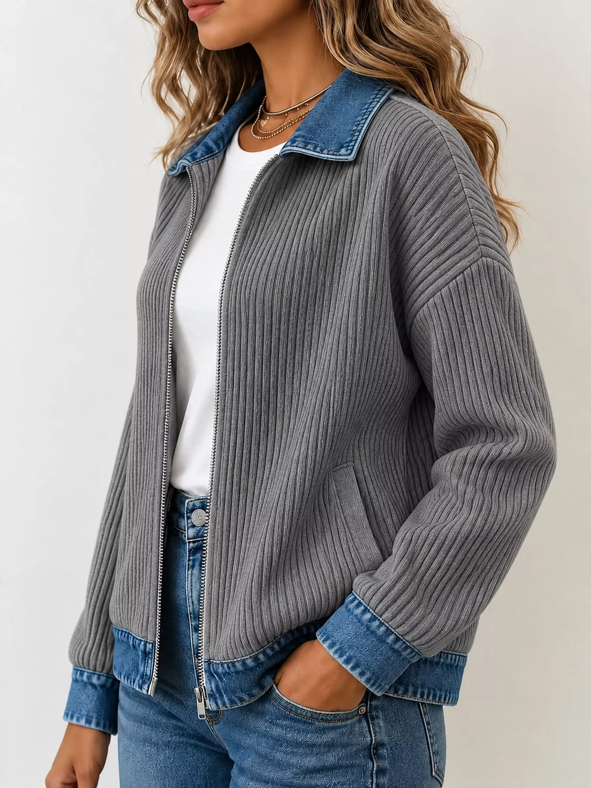 Gray denim-collar ribbed knit zip-up jacket — side view