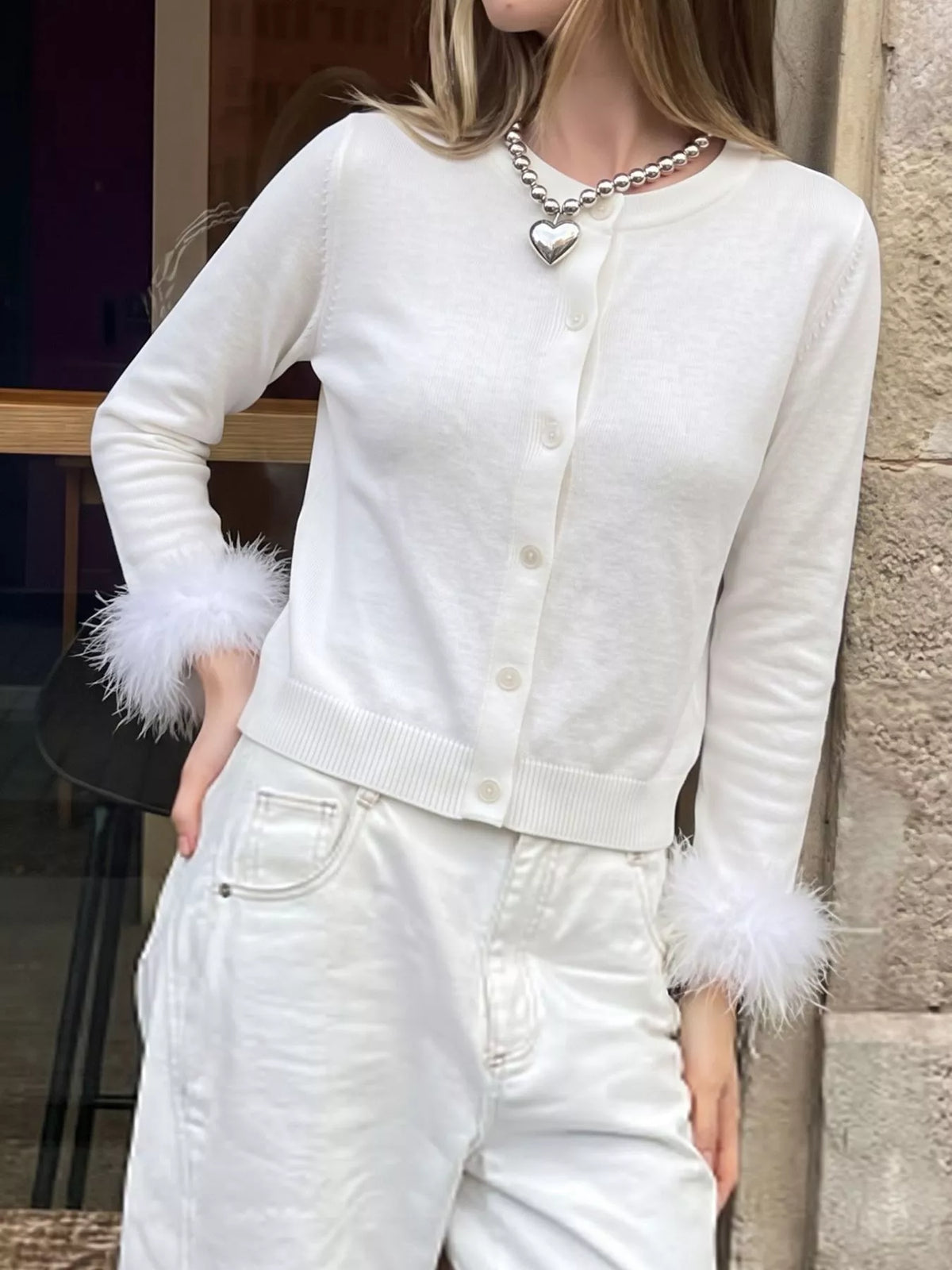 Fuzzy Cuffs Button Up Cardigan in white, front view