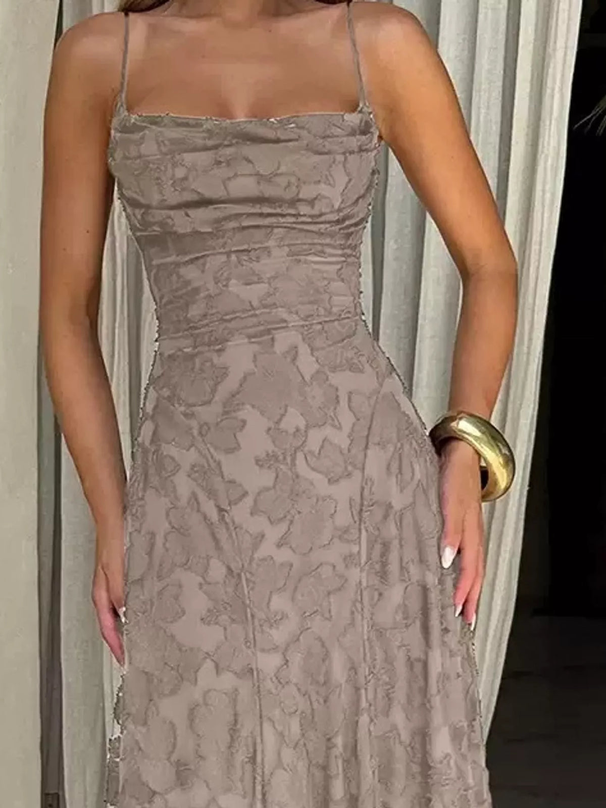 Cowl neck spaghetti-strap maxi dress, construction and design details