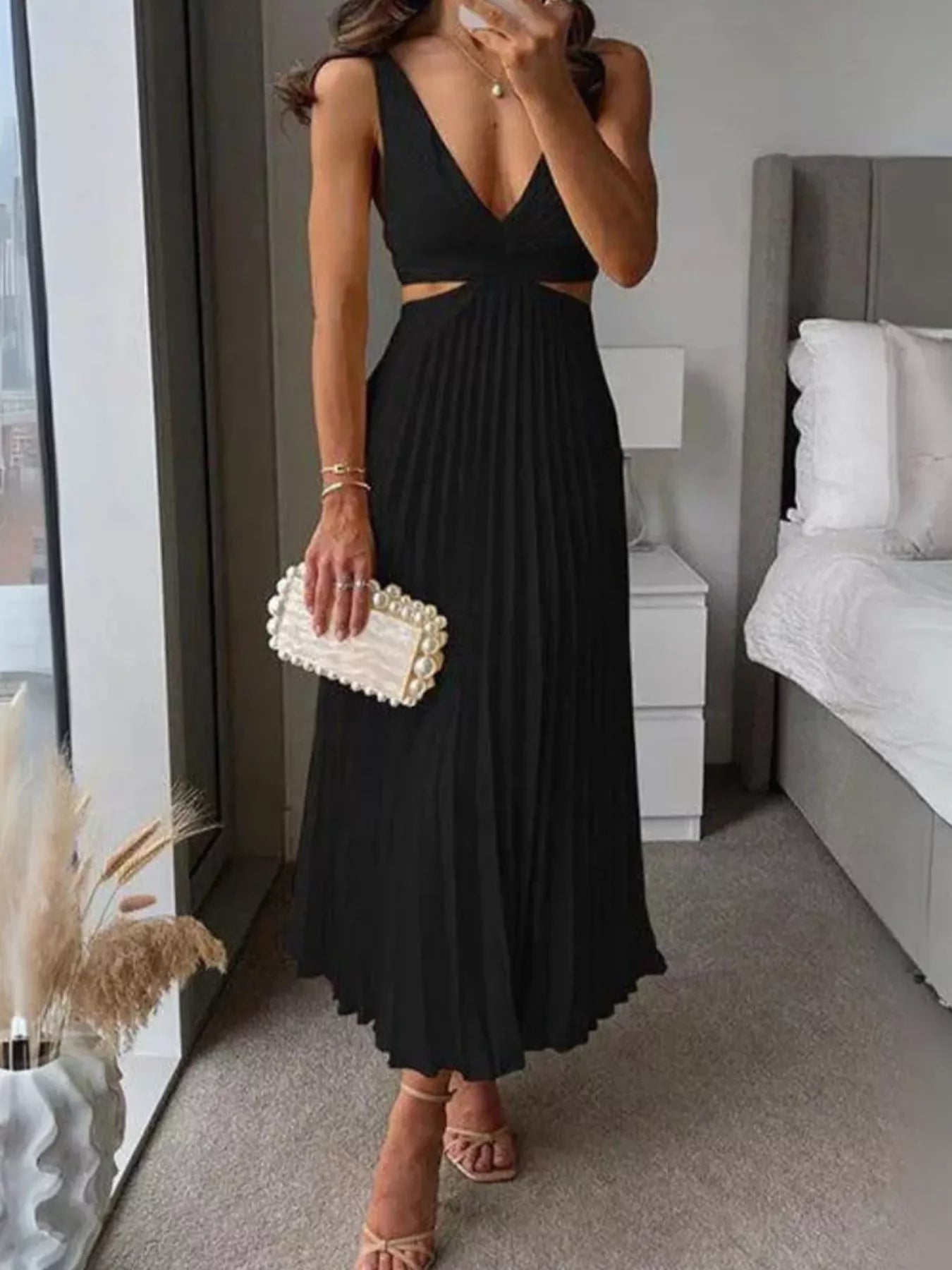 Trendsi Elegant Pleated Midi Dress with Cut-out Details -