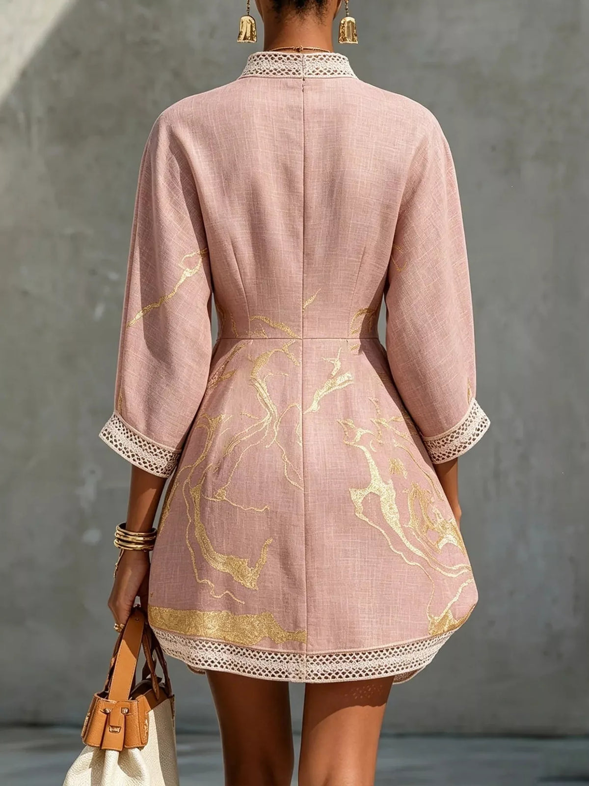 Pink notched 3/4 sleeve mini dress, back view