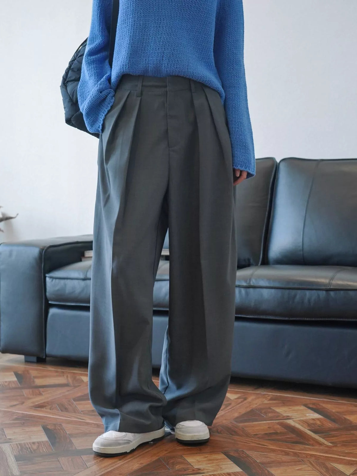 Women's High-Waisted Pleated Wide-Leg Pants in gray — front view