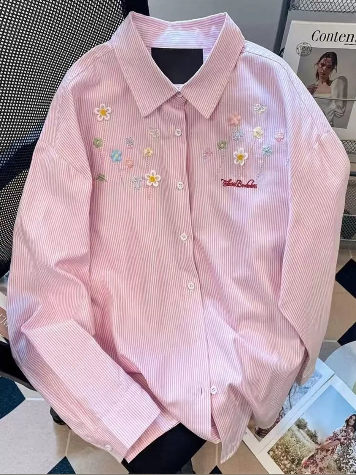 Striped Floral Embroidered Oversized Shirt in pink with floral embroidery and stripes