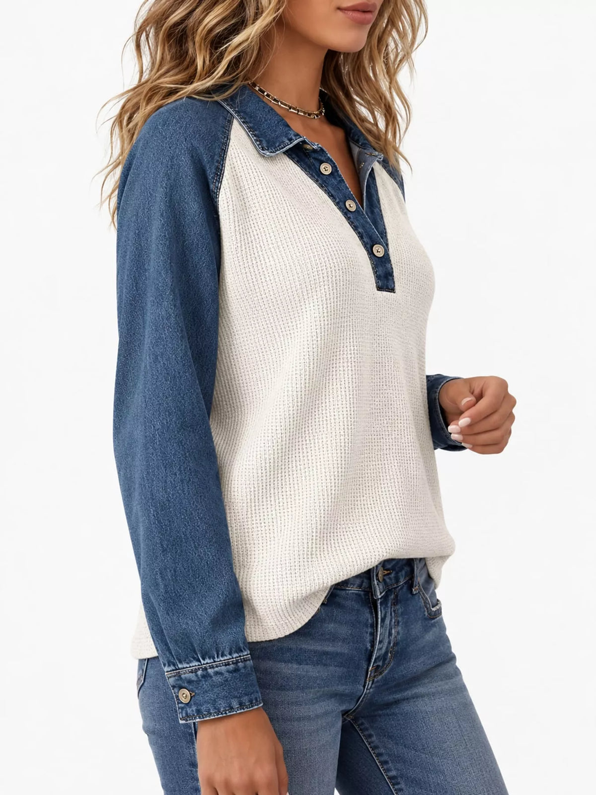 Waffle and denim blouse, blue and white side