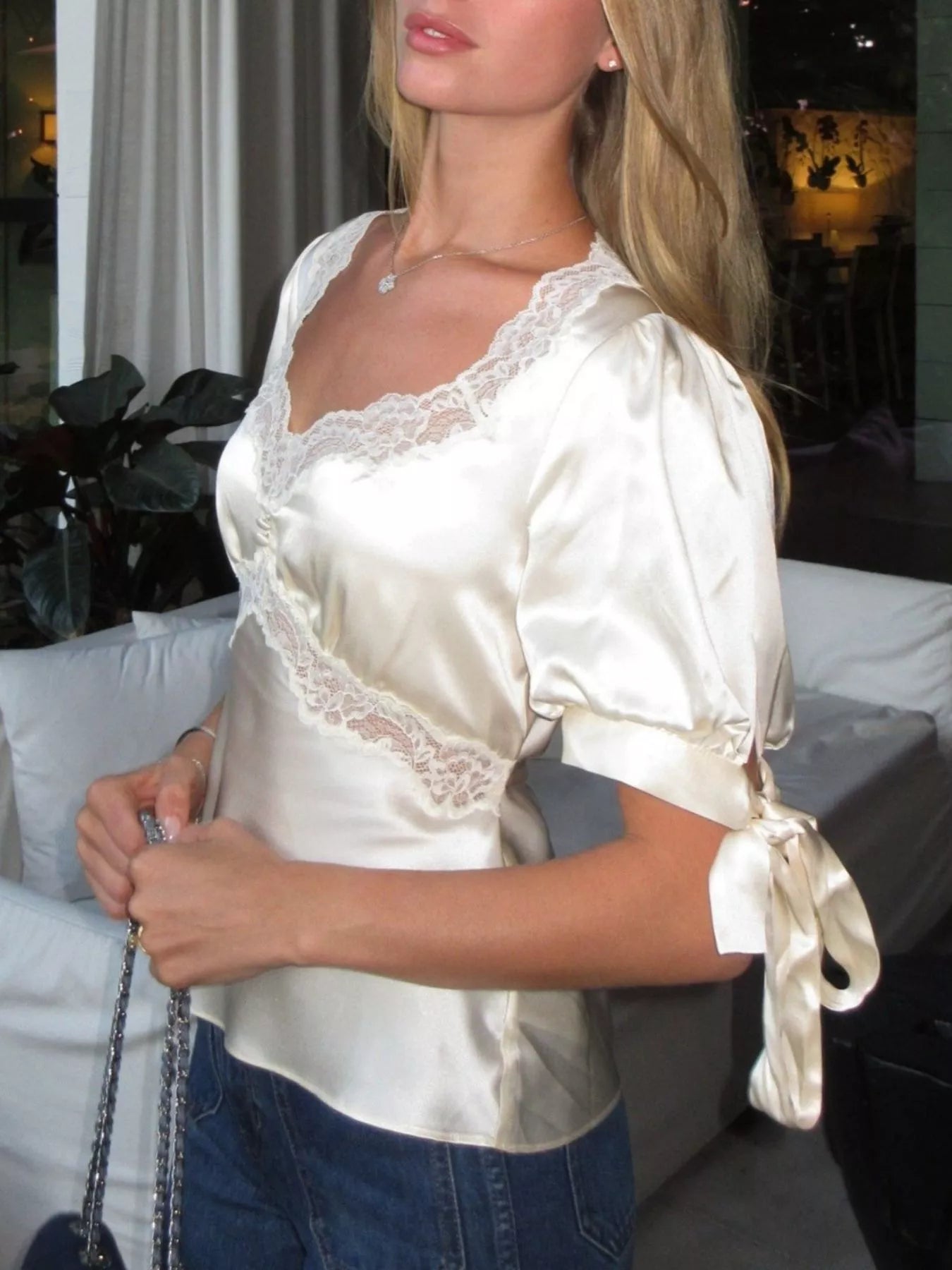 Trendsi Satin Lace Trim and Tie-Sleeve Detail Blouse -