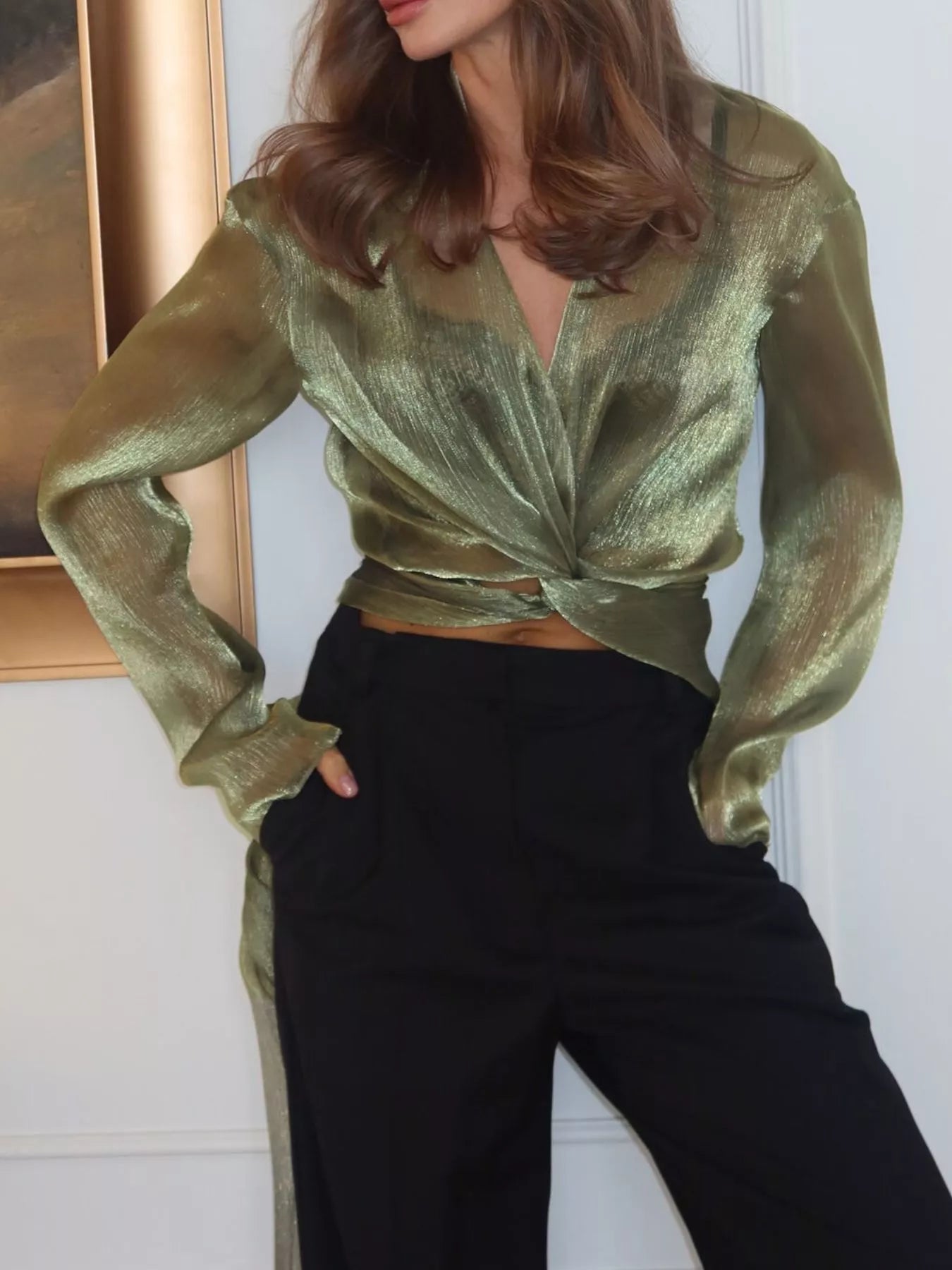 Trendsi Sheer Front Tie Detail Long Sleeve Shirt -