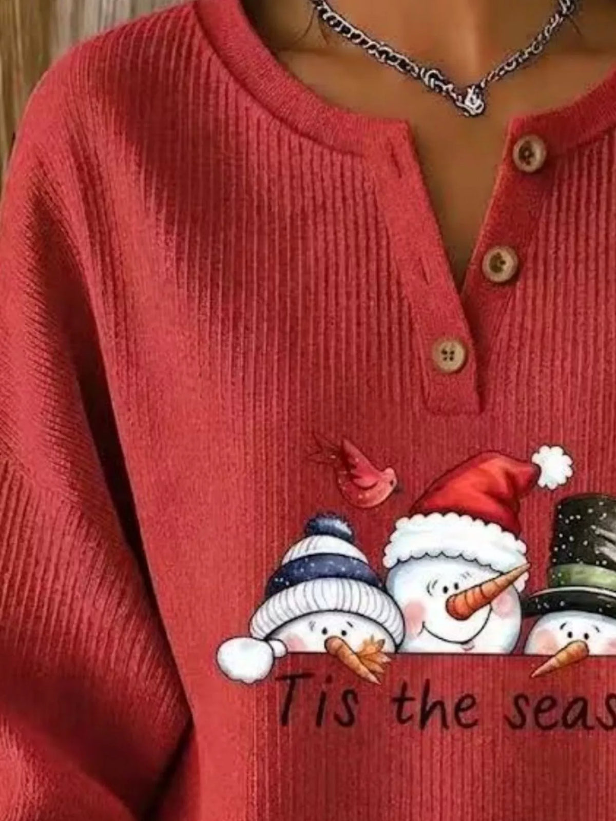 Snowman graphic ribbed Henley sweatshirt in scarlet, neckline detail