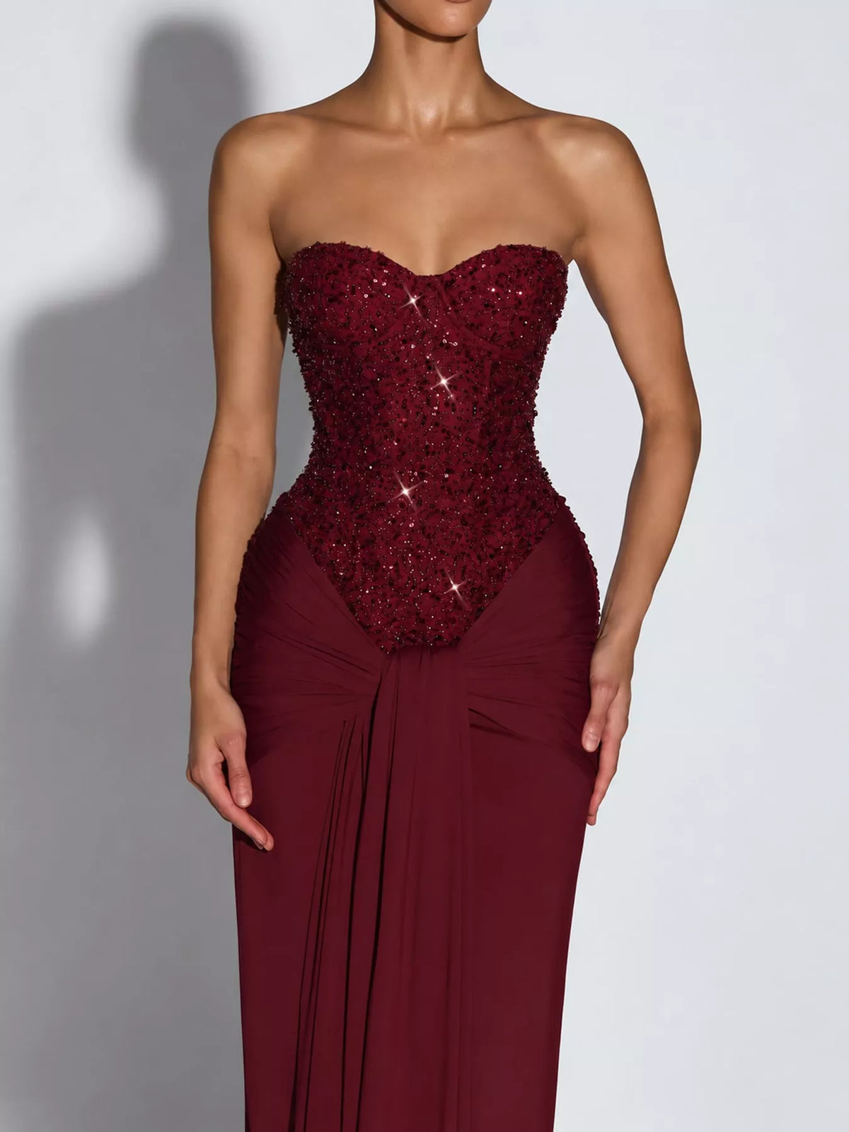 Strapless Sequin Corset Maxi Dress, bodice detail